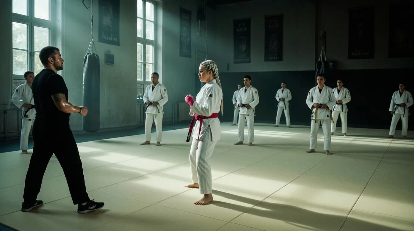 A group of martial artists observe a woman in white with a red belt demonstrating techniques to an instructor.