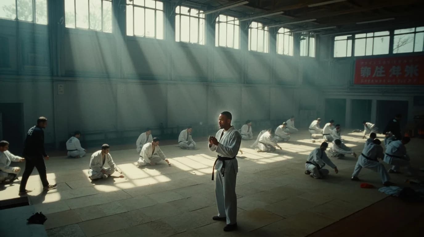 A martial arts instructor stands in a spacious dojo, surrounded by students practicing their moves.