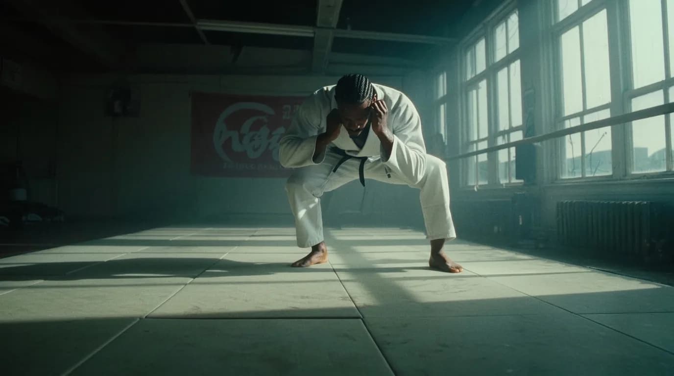 A person in a martial arts pose stands in a well-lit studio with a red banner on the wall.