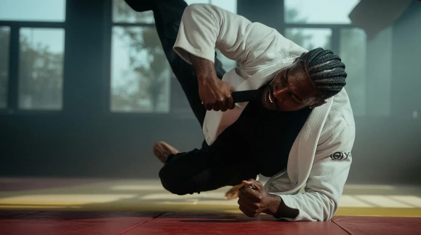 A person in an athletic pose wearing a white robe and black attire, demonstrating martial arts skills.