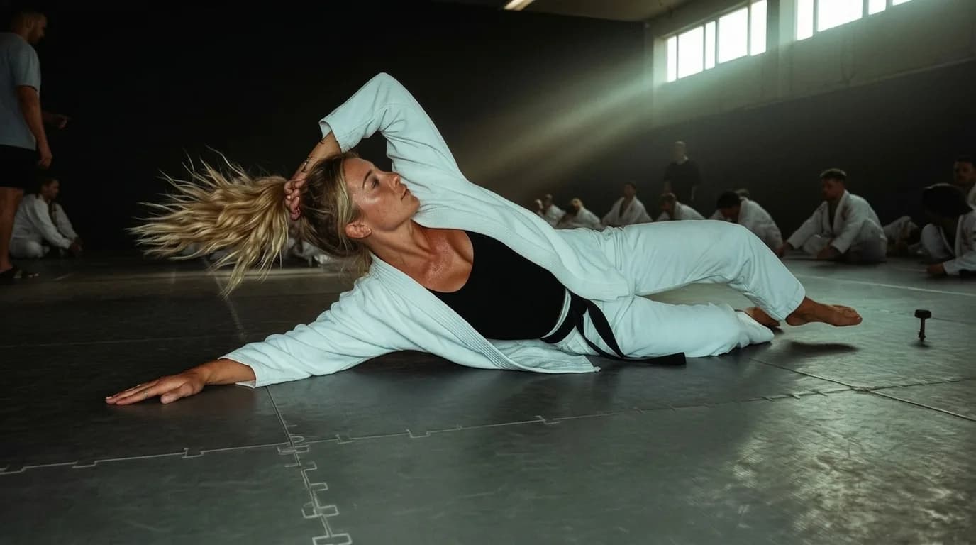 A woman in a white robe performs an athletic pose on the floor of a studio, with others seated in the background.