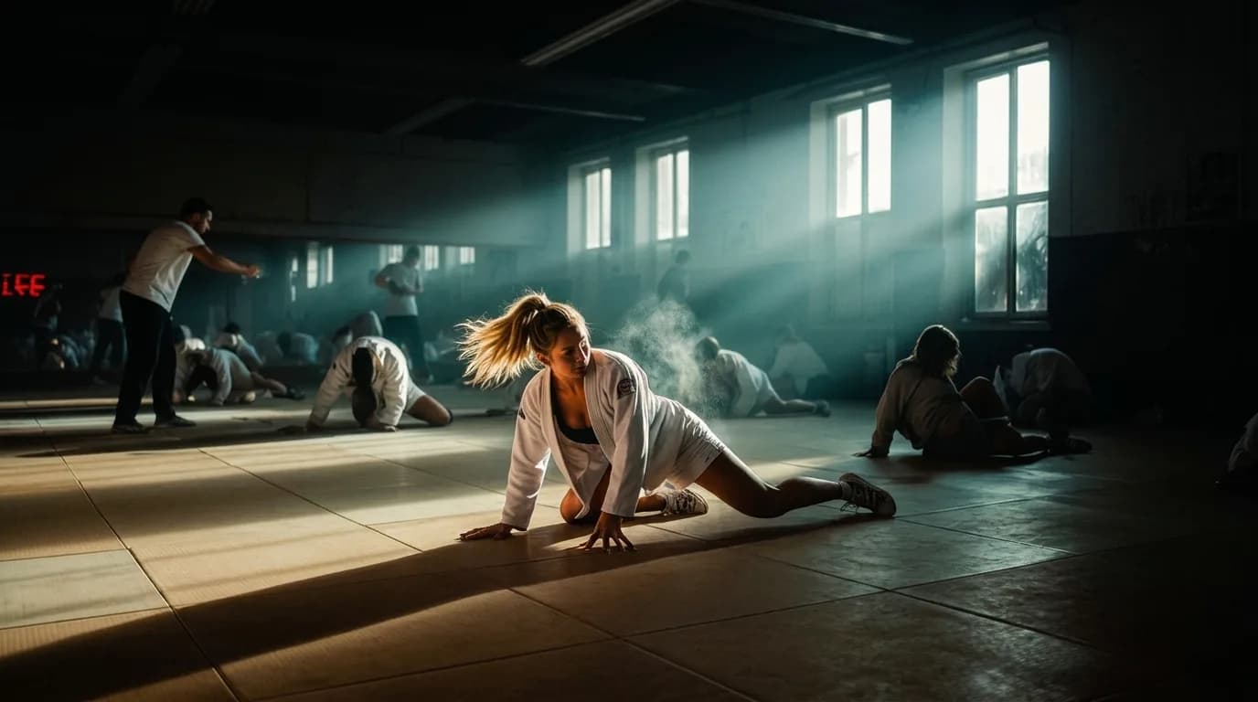 A group of people in a martial arts studio engage in dynamic poses under dramatic lighting.