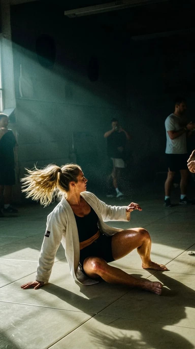 A woman in an athletic outfit is captured mid-action, with a playful and fierce expression.