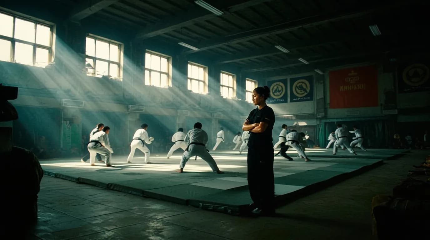 A martial arts instructor observes students practicing in a well-lit studio.
