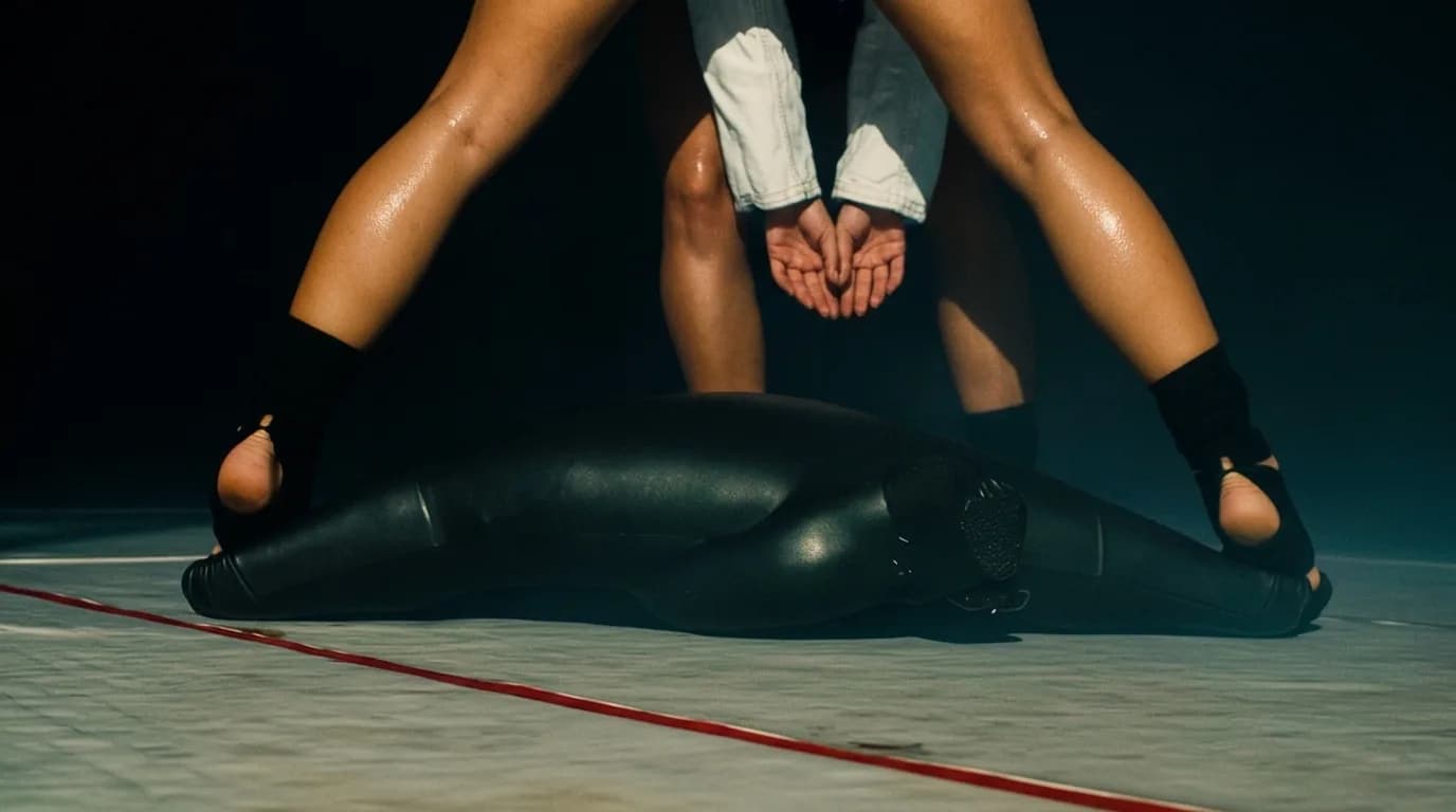 A person in a black outfit is lying on the ground while another stands over them.