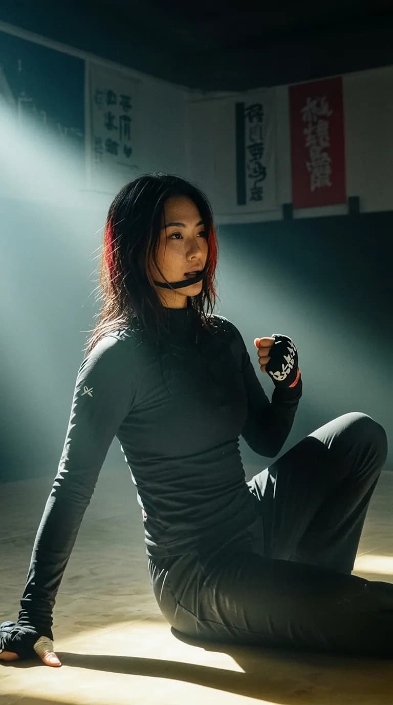 A determined individual sits in a martial arts studio, dressed in black athletic wear with a fierce expression.