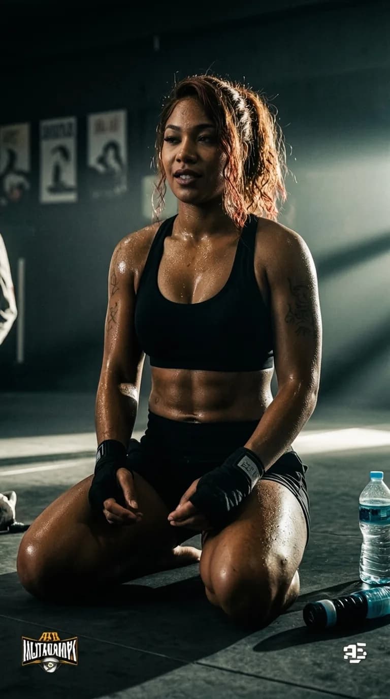 A fit woman in athletic wear sits on the floor of a studio, with water bottles nearby.