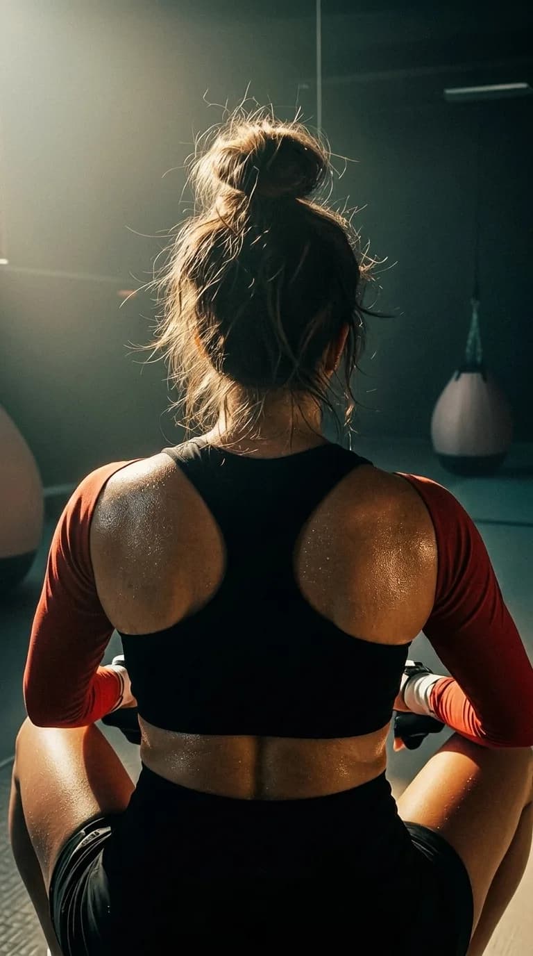 A woman in athletic wear sits with a confident posture in a studio setting.