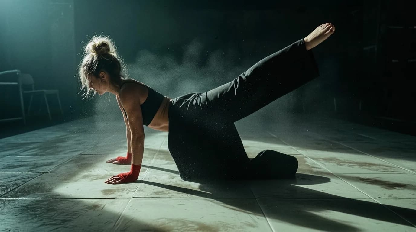 A woman in an athletic pose with a confident expression, wearing athleisure attire and red wristbands.