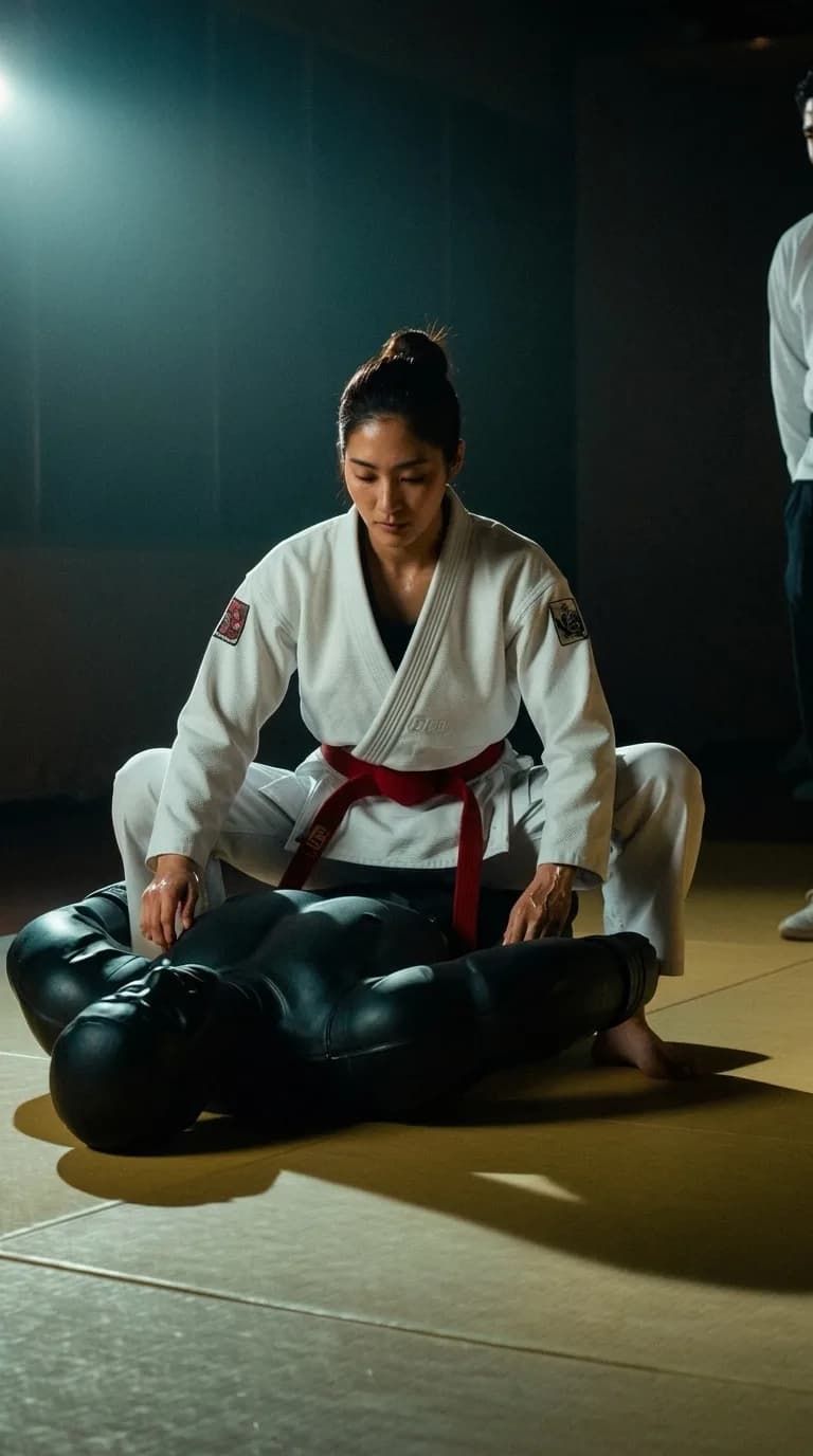 A woman in a white martial arts gi with a red belt is practicing on a mannequin in a studio setting.