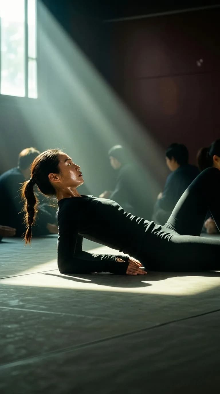 A woman in black athleisure lies on the floor, bathed in soft light from a window.