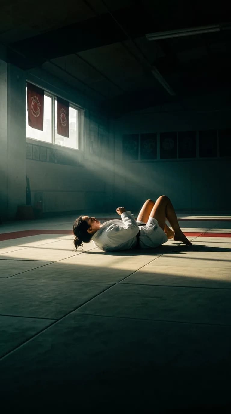 A person in an athletic outfit lies on the floor of a dimly lit room with beams of light streaming through windows.