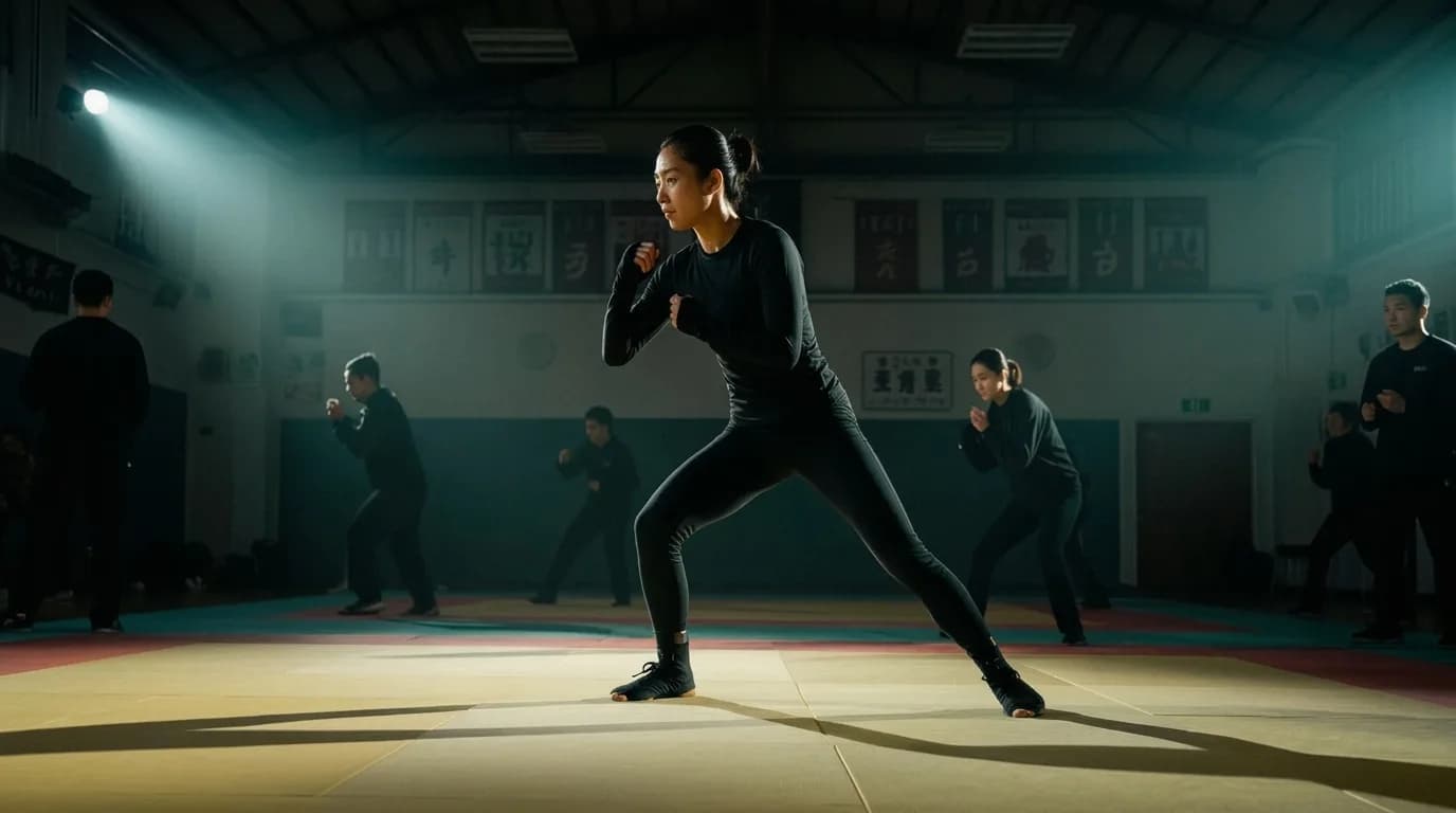 A group of individuals in a martial arts studio perform synchronized stances under focused lighting.