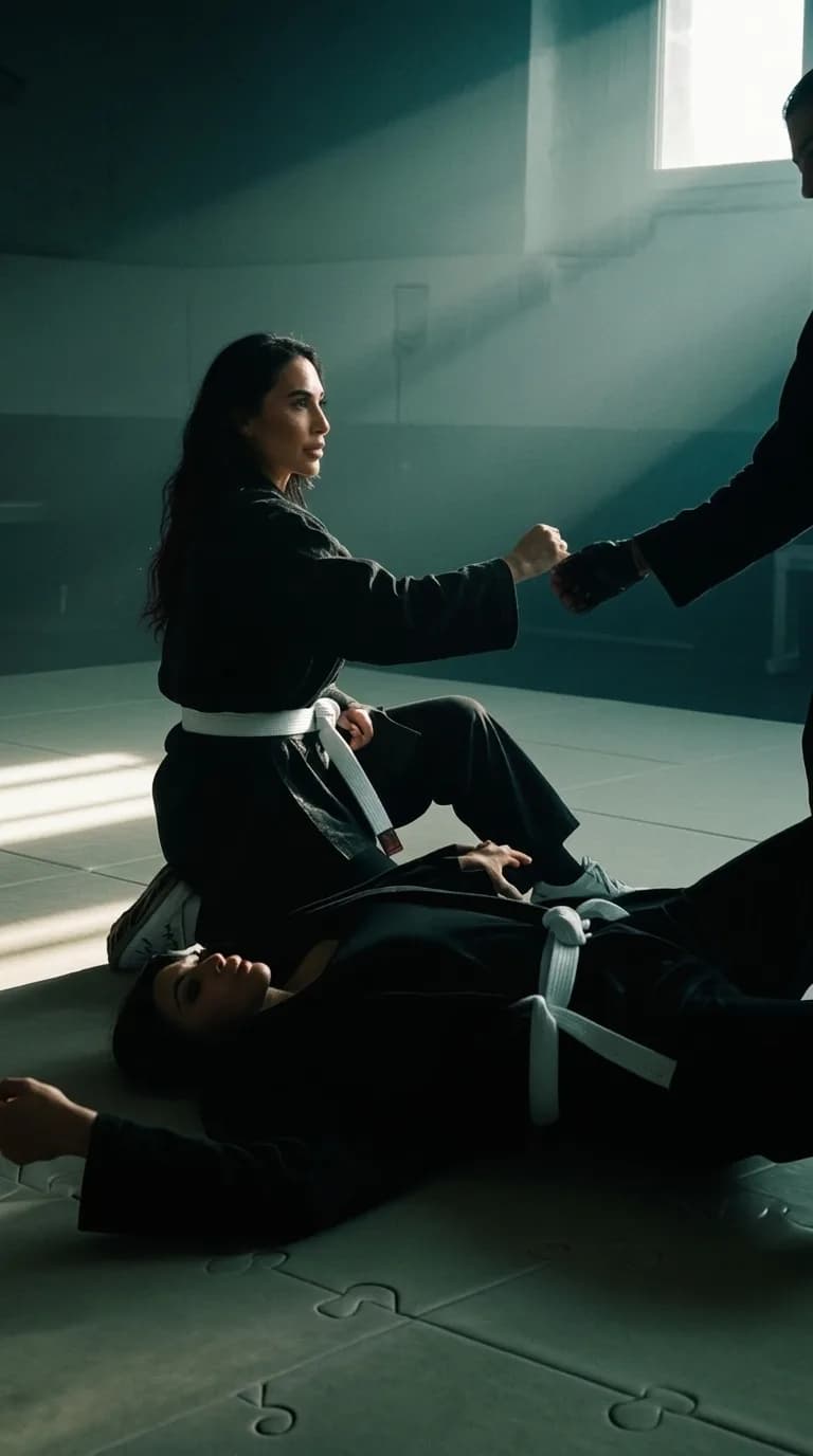 A woman in an athletic outfit stands over another person on the floor, holding their hand.