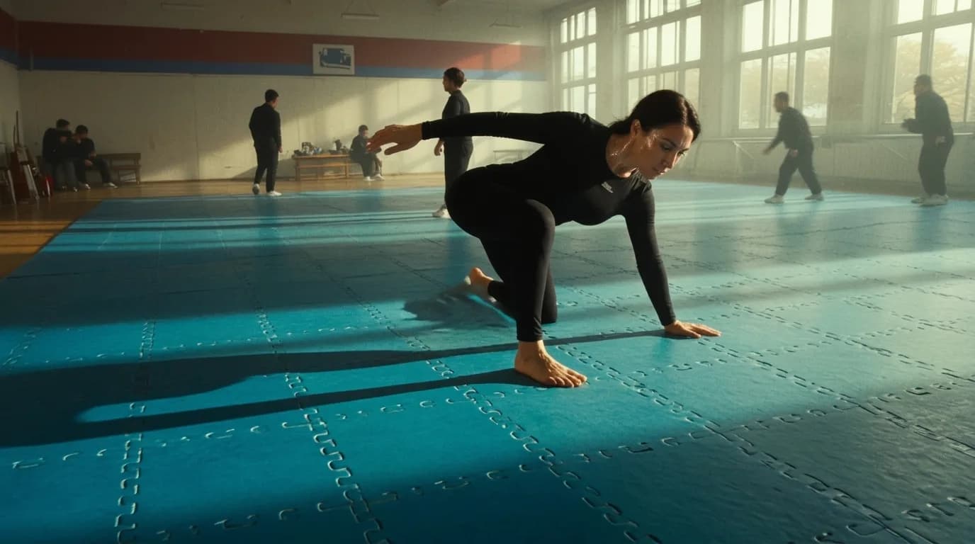 A woman in an athletic pose practices martial arts in a studio with others in the background.