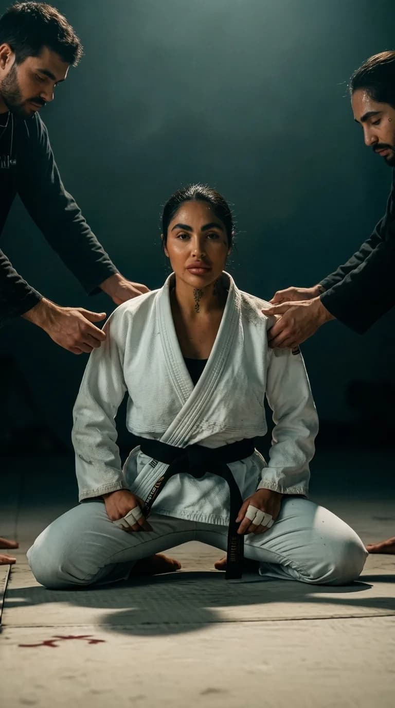 A woman in a martial arts gi is seated while two men adjust her attire.