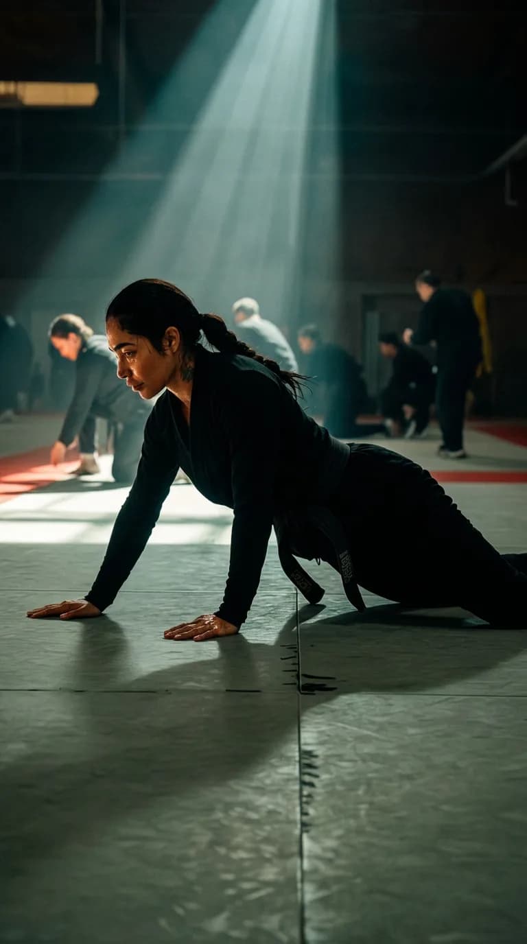 A woman in an athletic pose is practicing martial arts in a studio with beams of light illuminating the space.