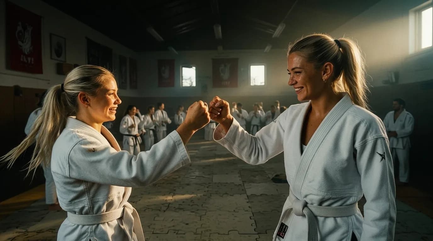 Two women in martial arts uniforms engage in a friendly fist bump inside a dojo.