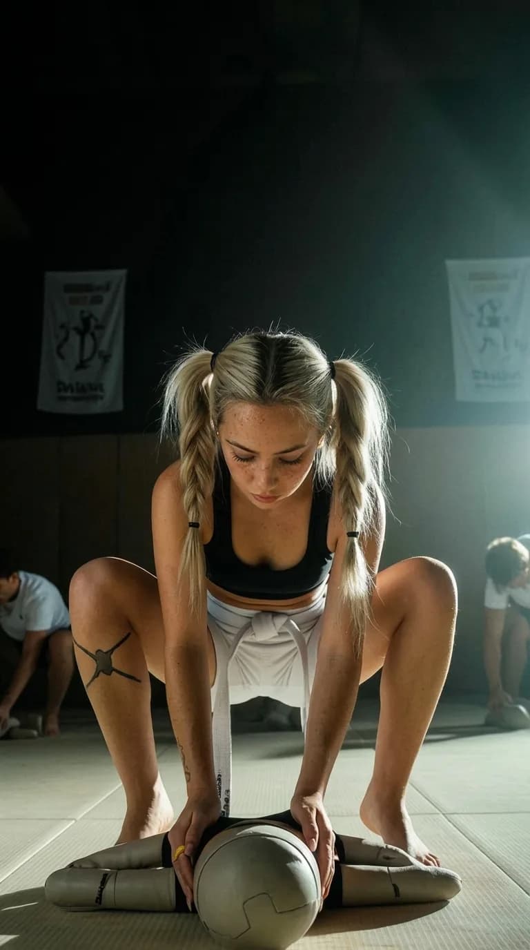 A woman with blonde braids is in a kneeling position, wearing an athletic outfit and interacting with a mannequin on the floor.