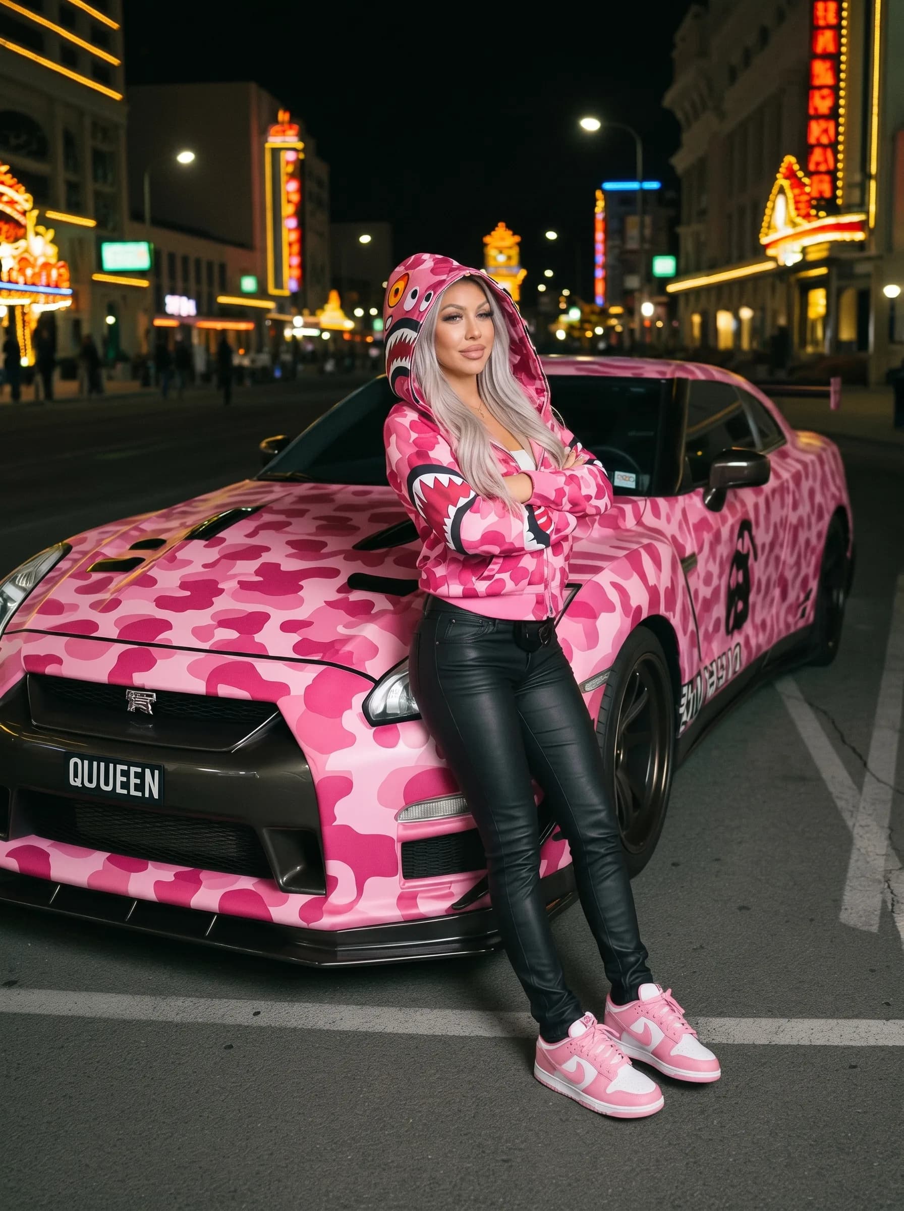 A woman in a pink camouflage outfit poses confidently next to her vibrantly decorated Corvette on a city street at night.