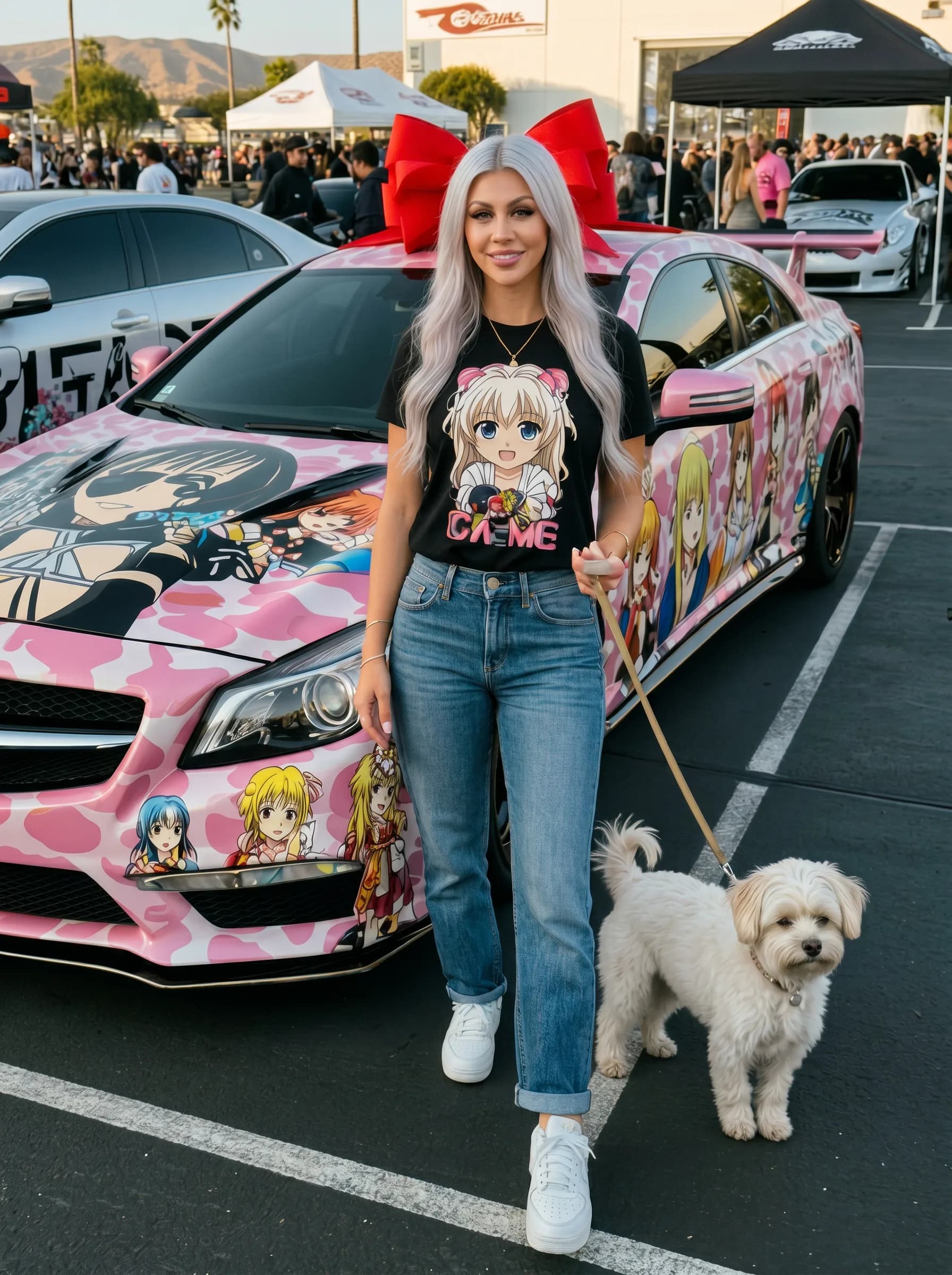 A woman with long blonde hair stands next to a pink car decorated with anime characters, holding her small white dog.