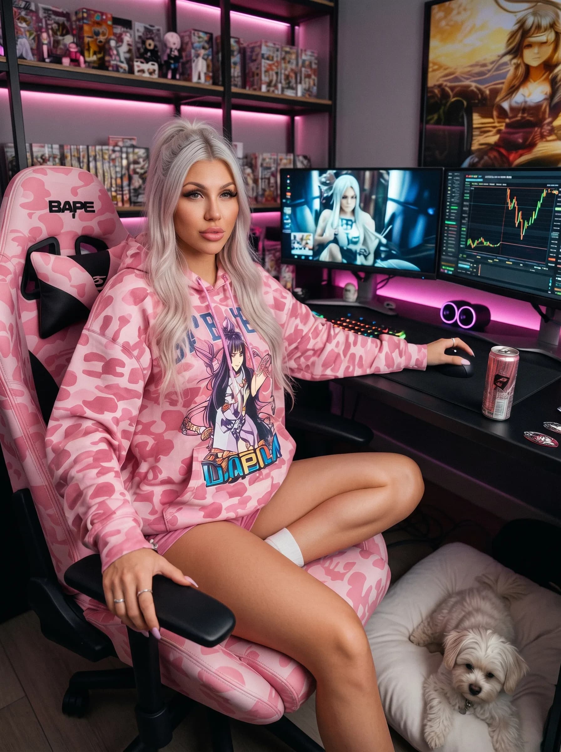 A woman in a pink camouflage hoodie sits at her gaming desk with a small dog nearby.