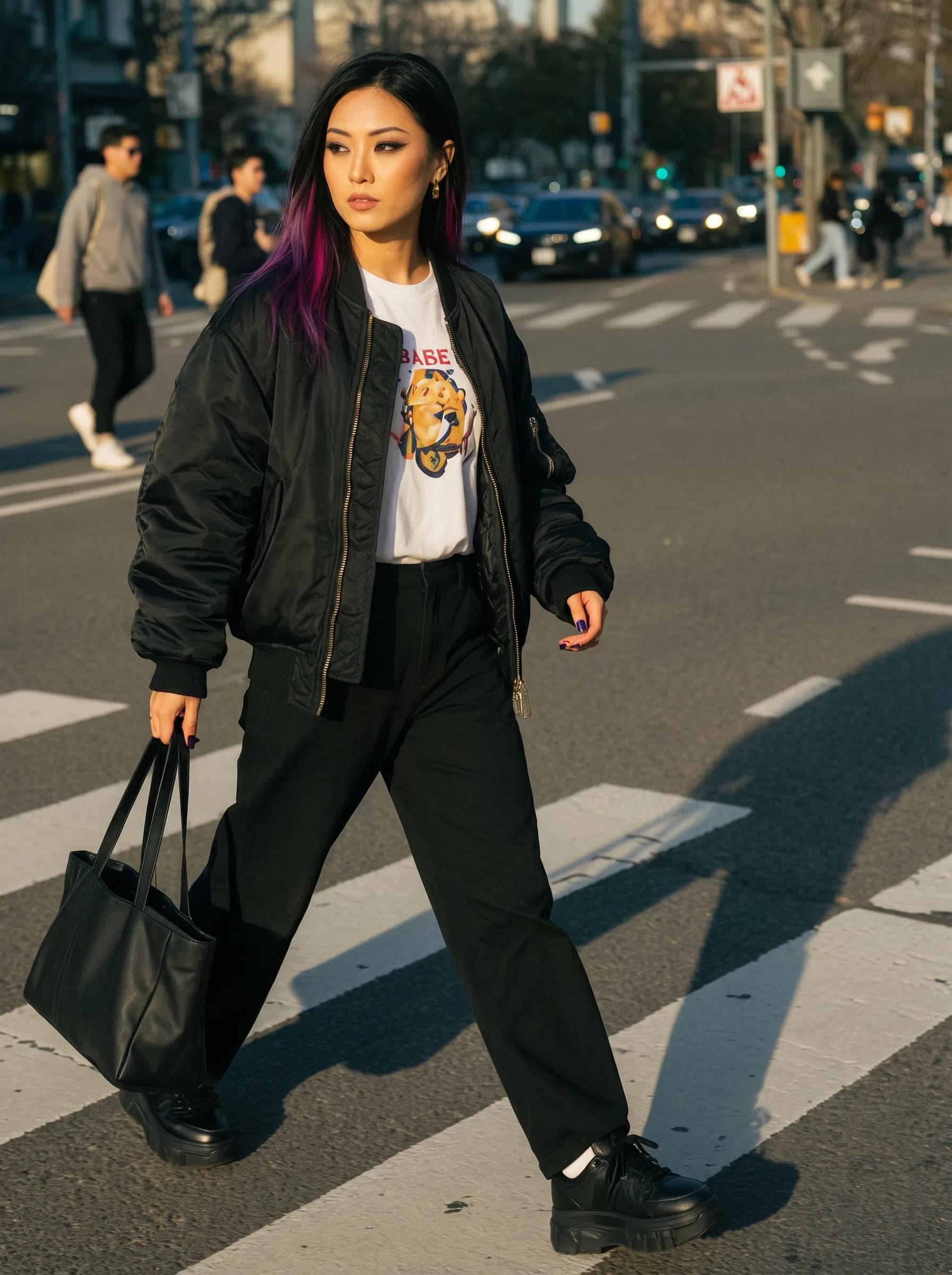 A woman with a pixie cut and septum ring walks confidently across the street in casual attire.