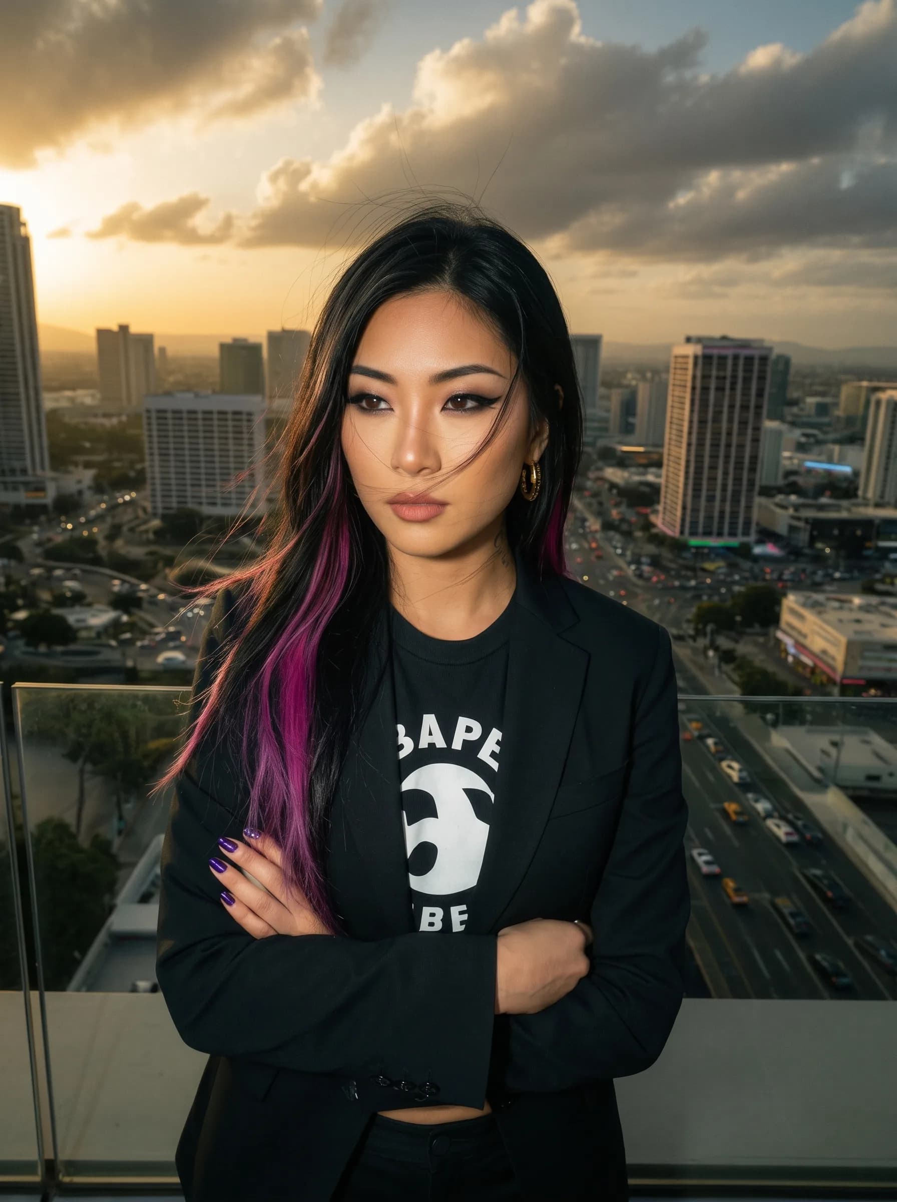 A confident woman with pink highlights stands on a balcony overlooking the city at sunset.