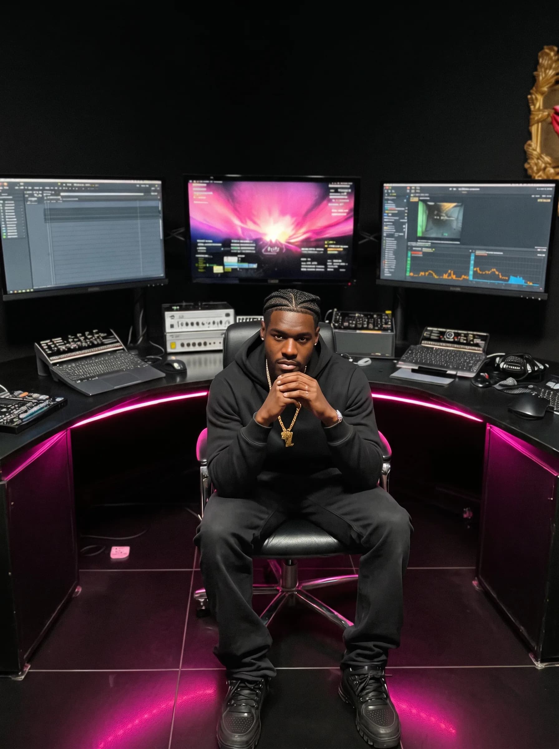 A person sits in a modern studio setup with multiple monitors and audio equipment, dressed casually.