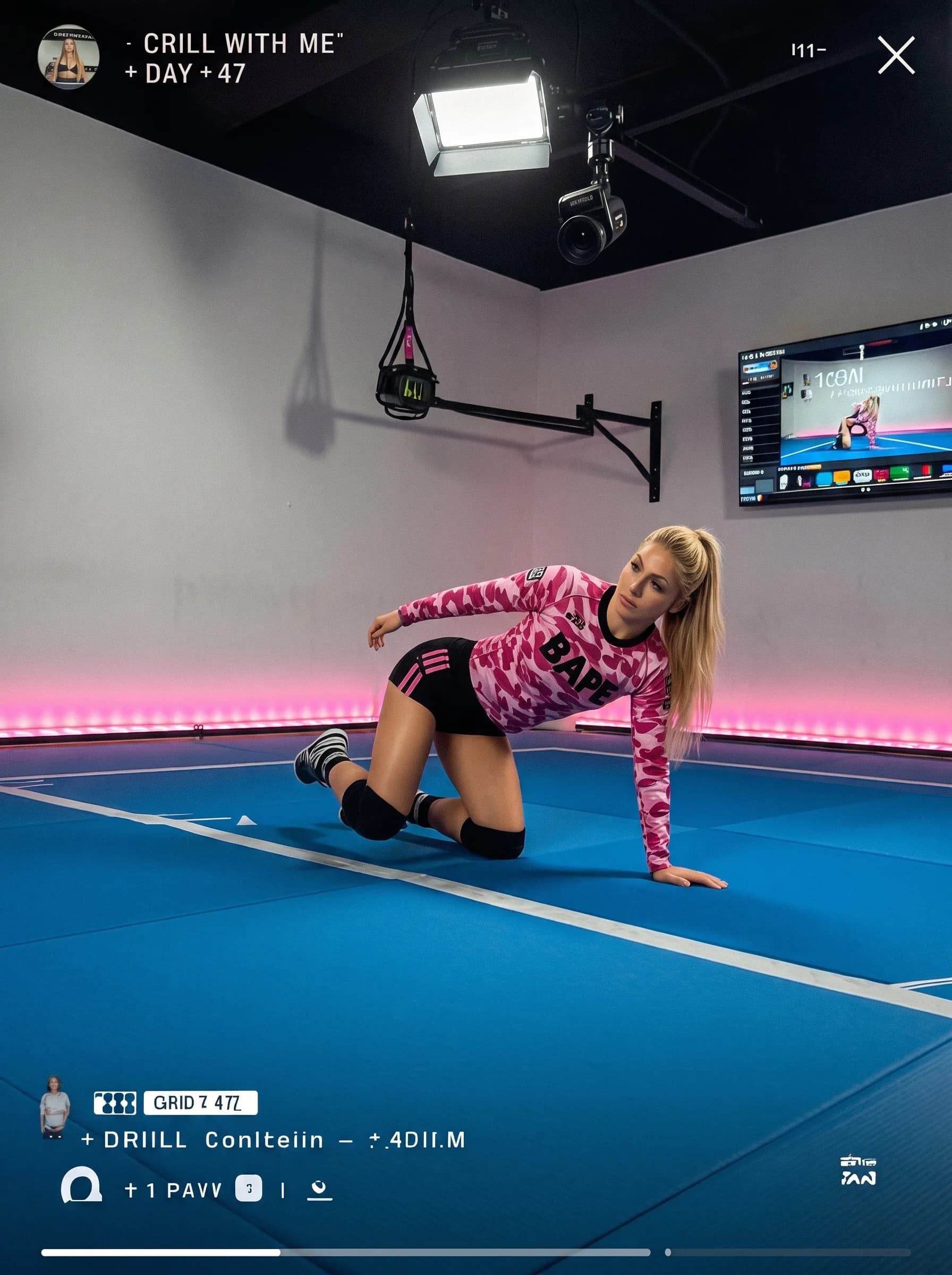 A woman in a pink camouflage outfit is posing on a blue mat with a TV screen displaying her image in the background.