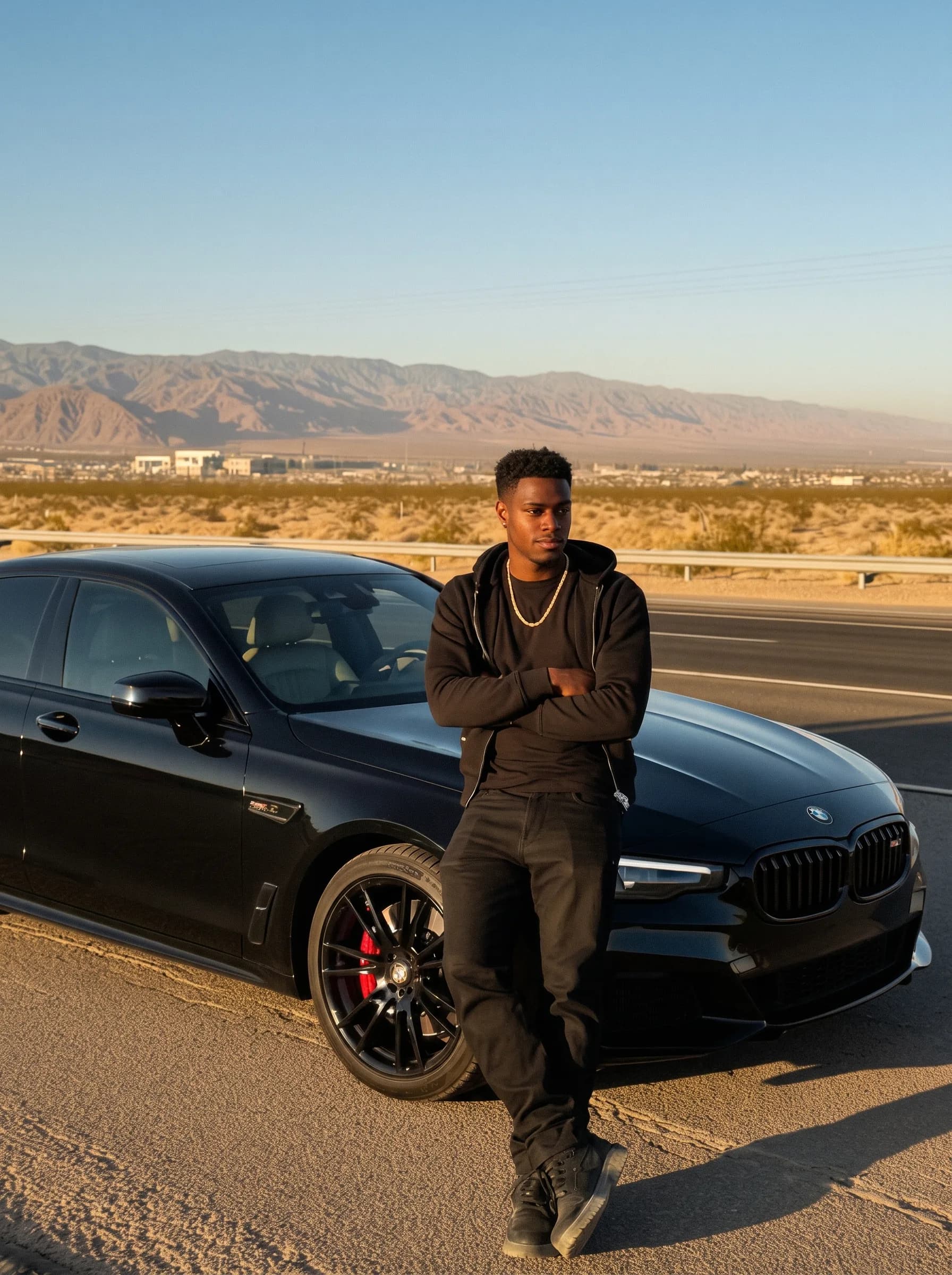A young man in casual attire stands confidently next to a sleek black car on an outdoor road with mountains in the background.