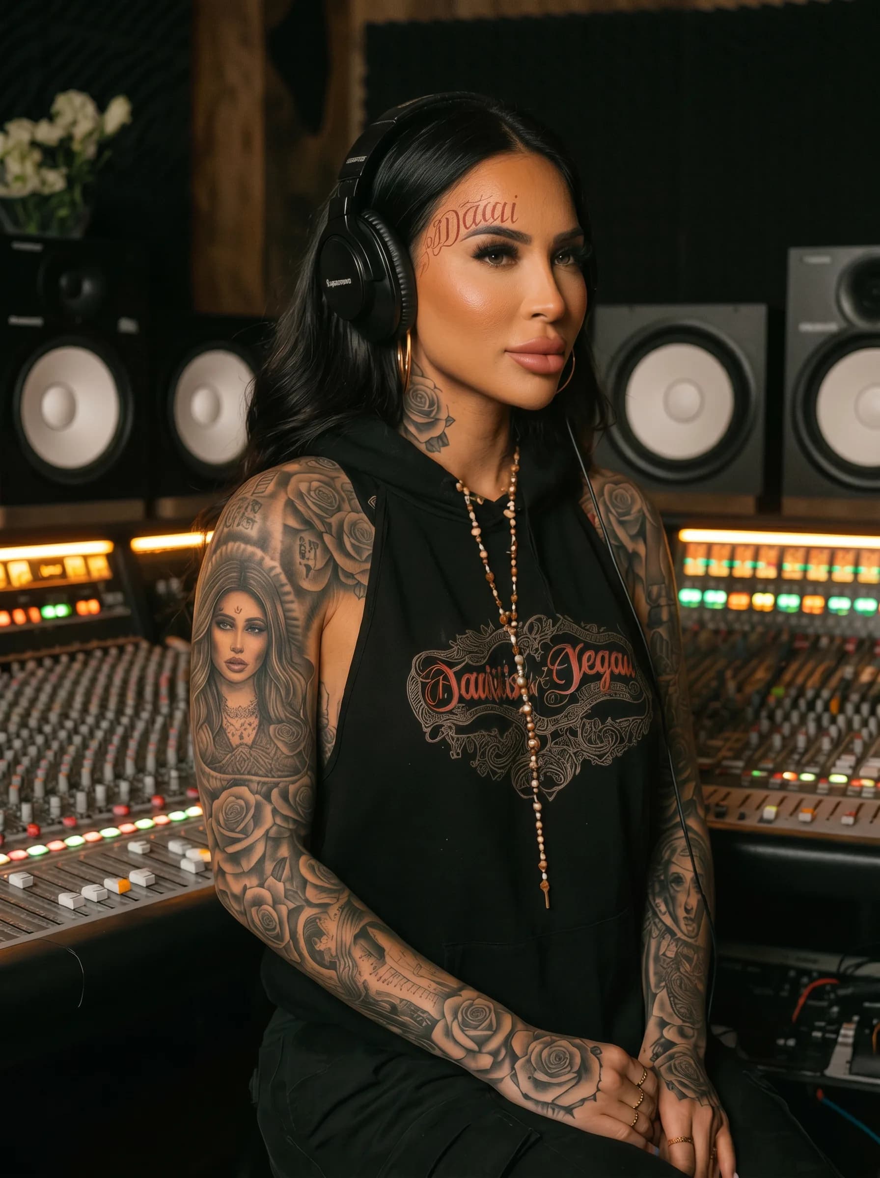 A woman with tattoos and a hoodie sits in a recording studio, wearing headphones.