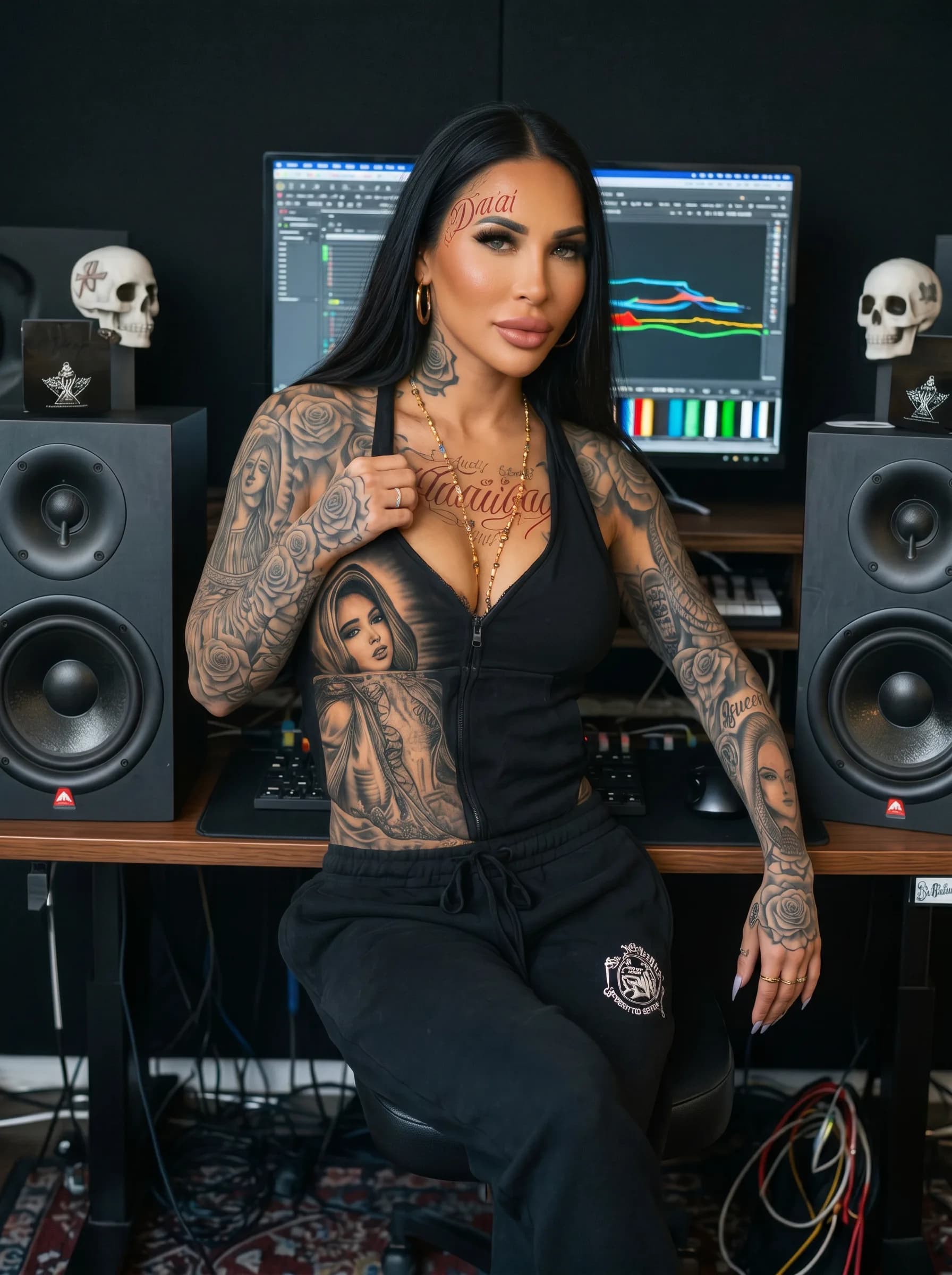 A woman with extensive tattoos sits in a studio, wearing an athletic outfit and displaying a confident demeanor.