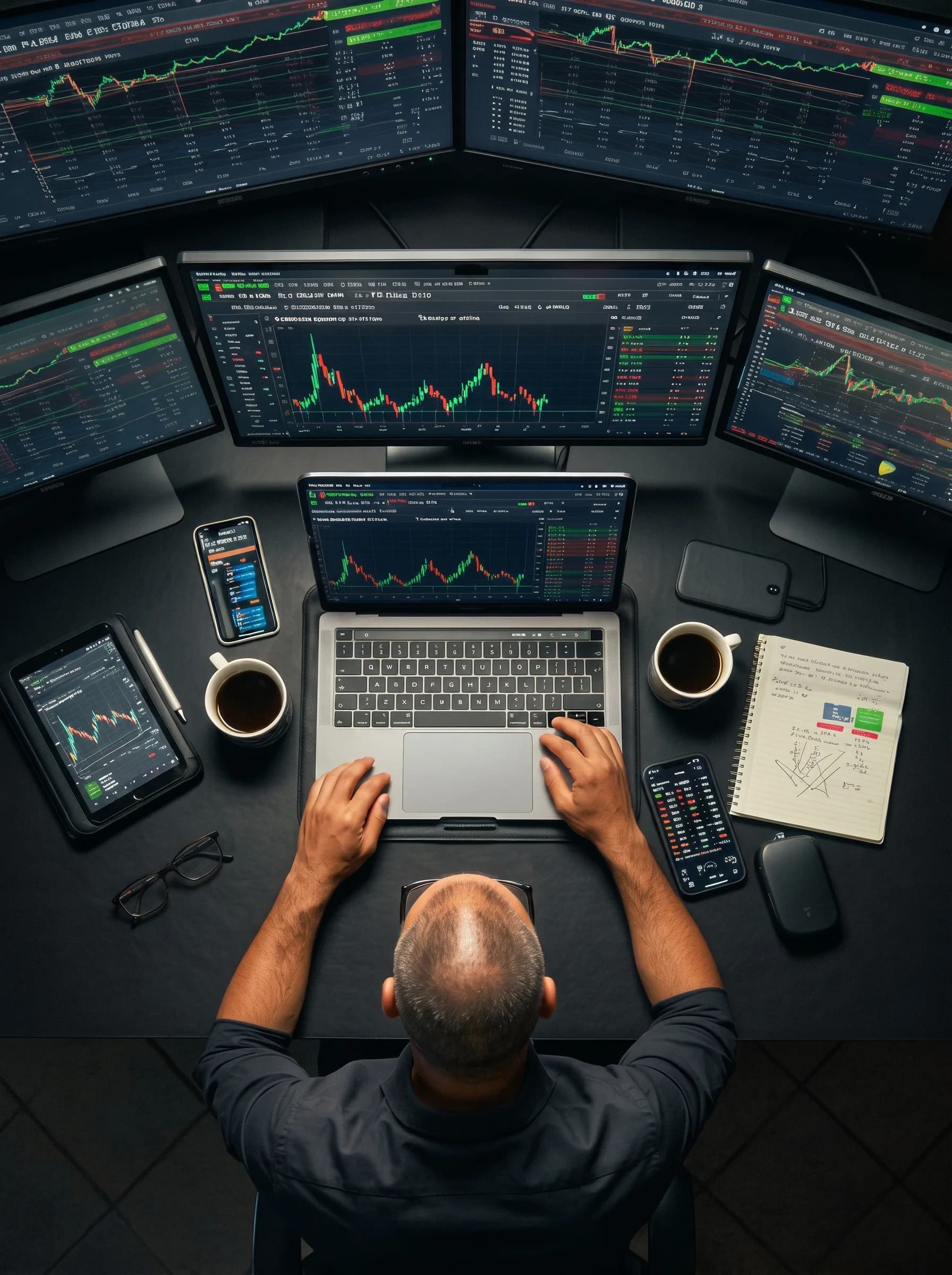 A person is seated at a desk with multiple monitors displaying financial data, surrounded by coffee cups and notes.