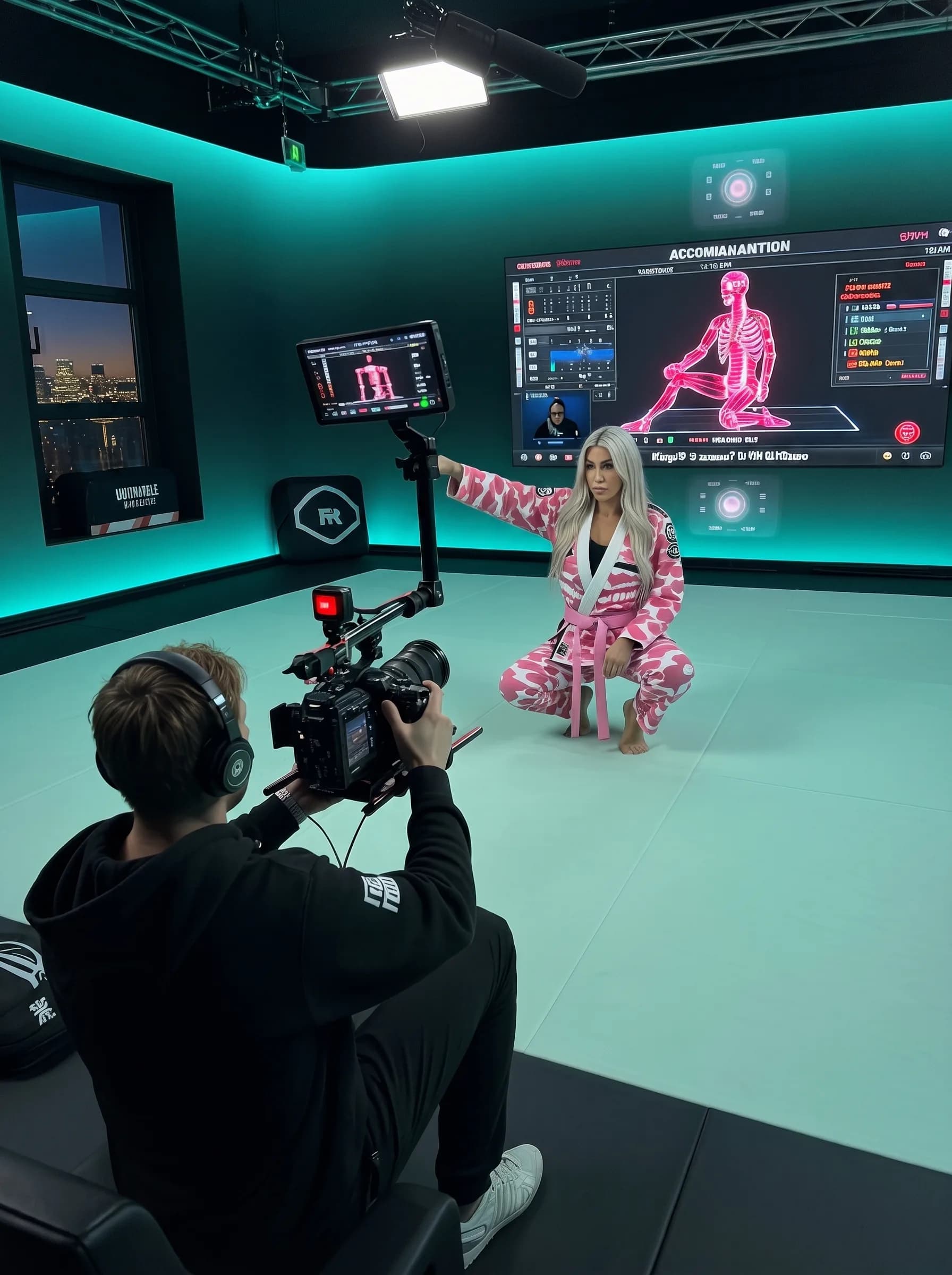 A woman in a pink camouflage outfit poses for a photoshoot with a camera and monitor displaying her image.