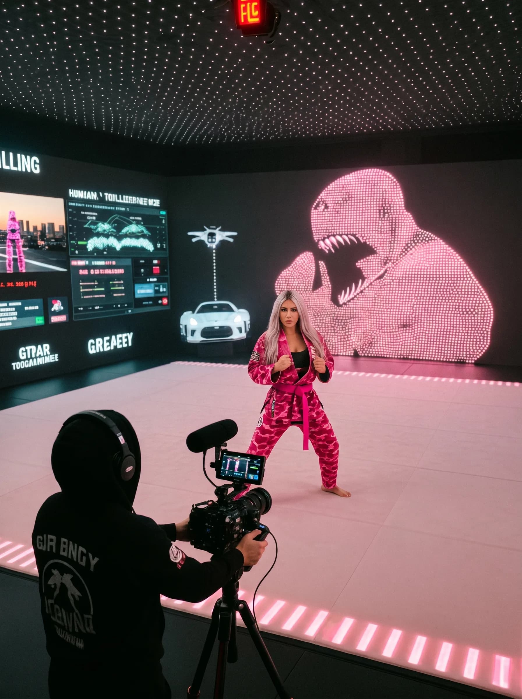 A woman in a pink camouflage outfit poses confidently on set, with a futuristic backdrop and digital displays.