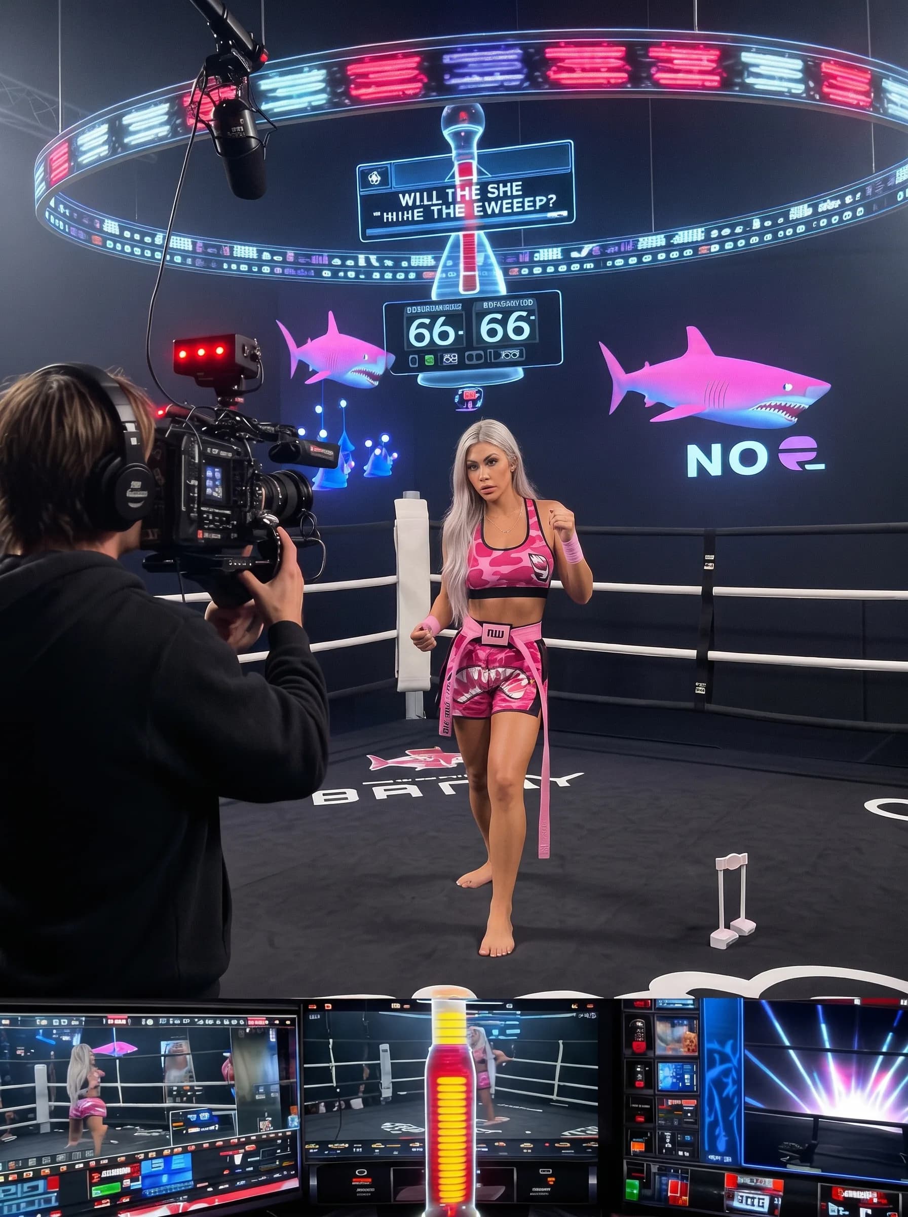 A woman in a pink camouflage outfit poses confidently inside a boxing ring with vibrant neon lights and shark graphics.