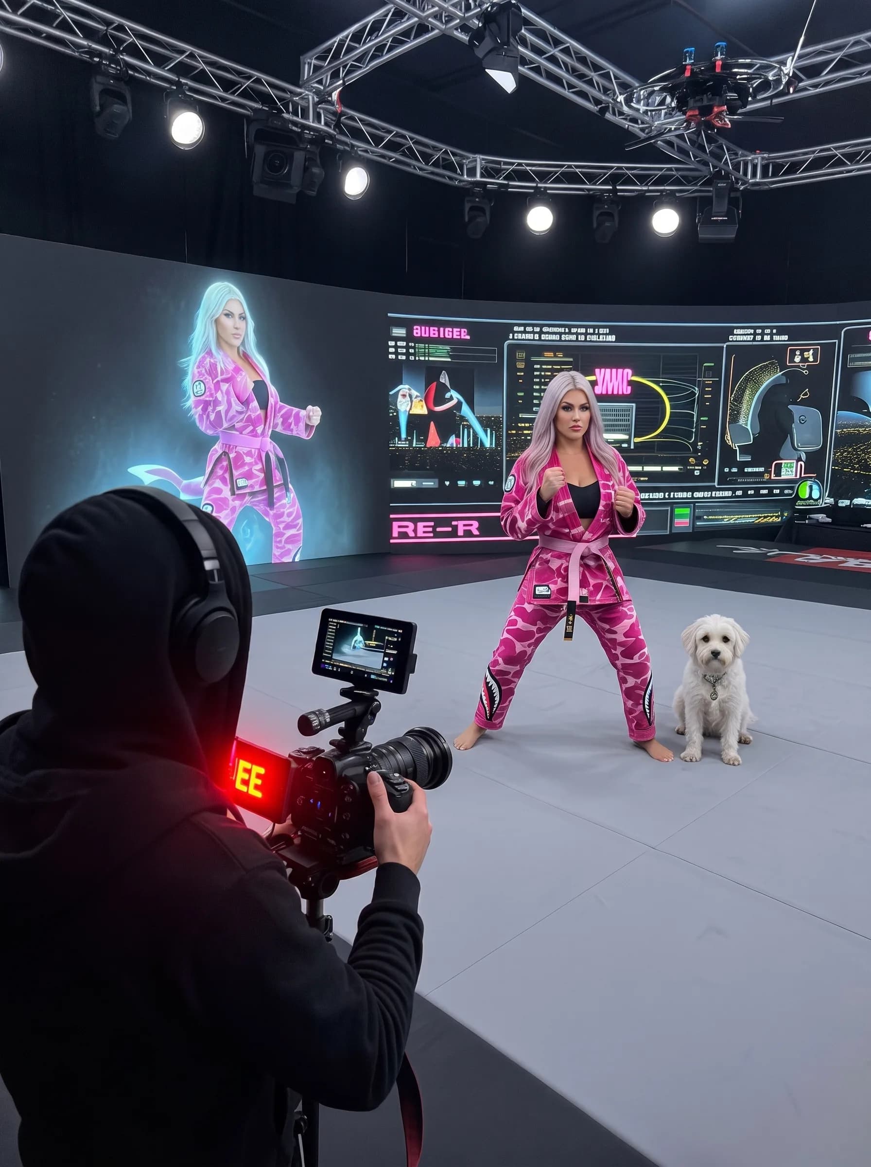 A woman in a pink camouflage outfit poses confidently on set with a dog, while another character is projected behind her.