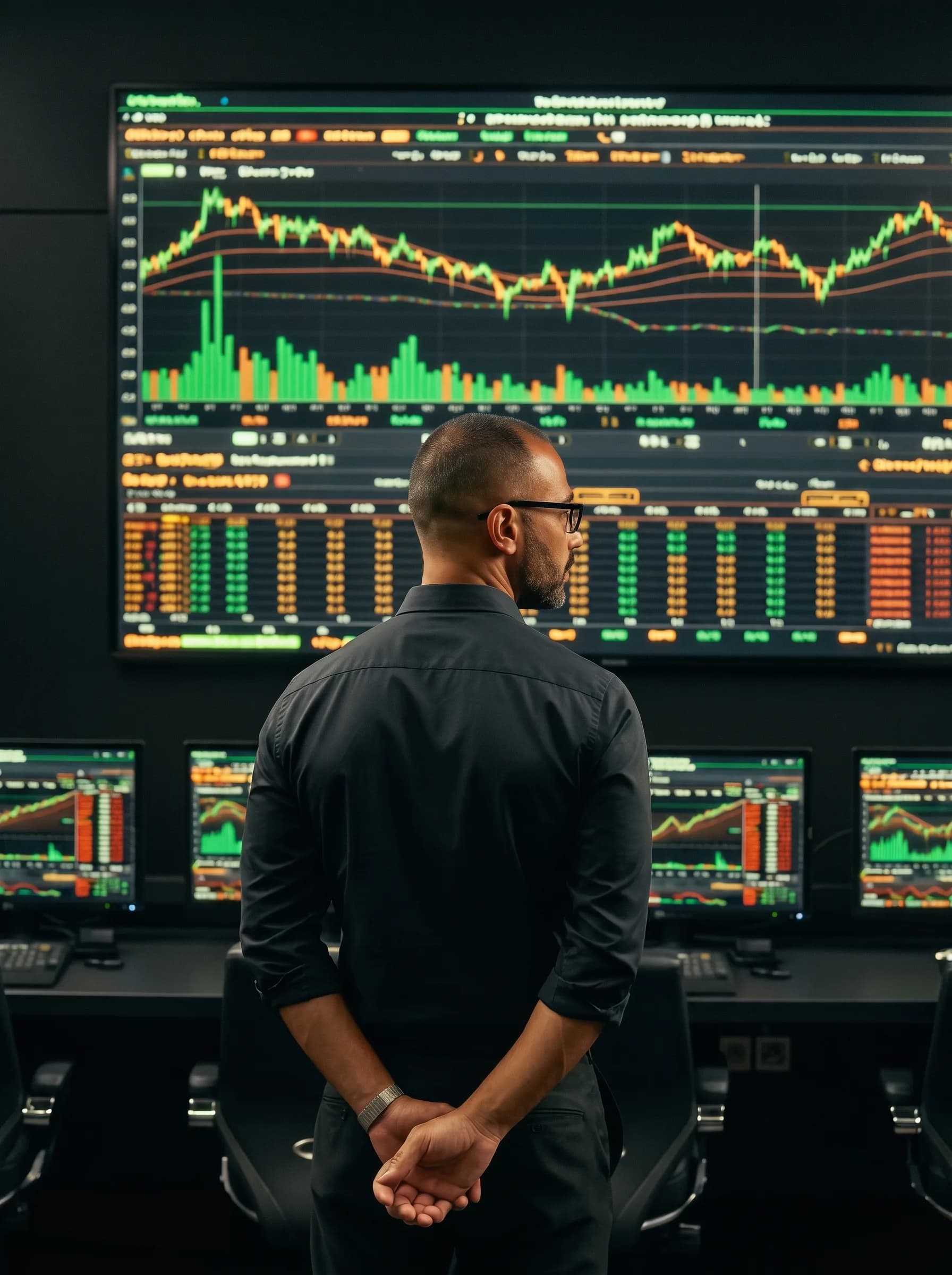 A man in formal attire stands facing financial market data on multiple screens.
