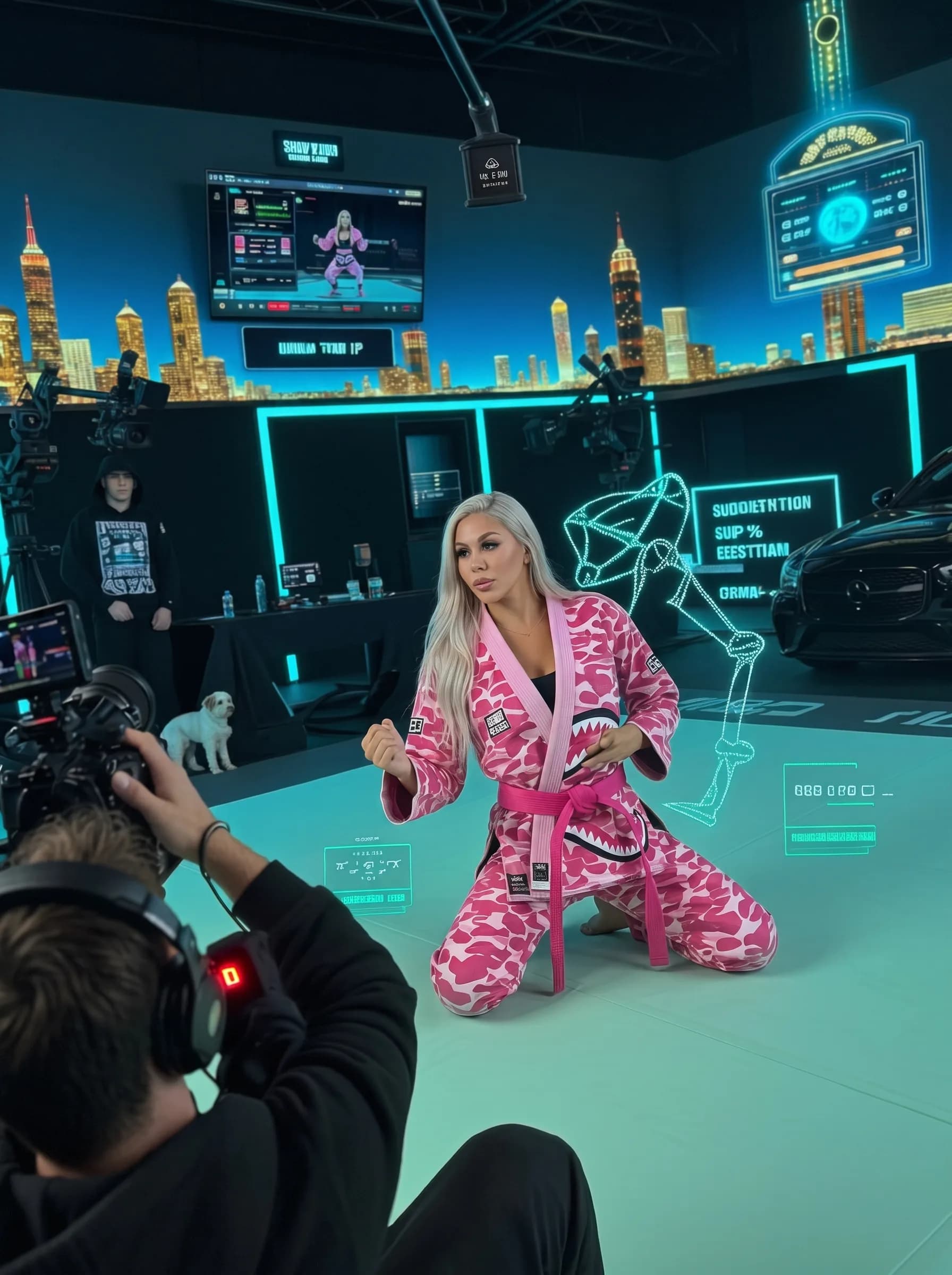 A woman in a pink camouflage outfit poses confidently on set, with futuristic cityscape visuals and digital overlays in the background.