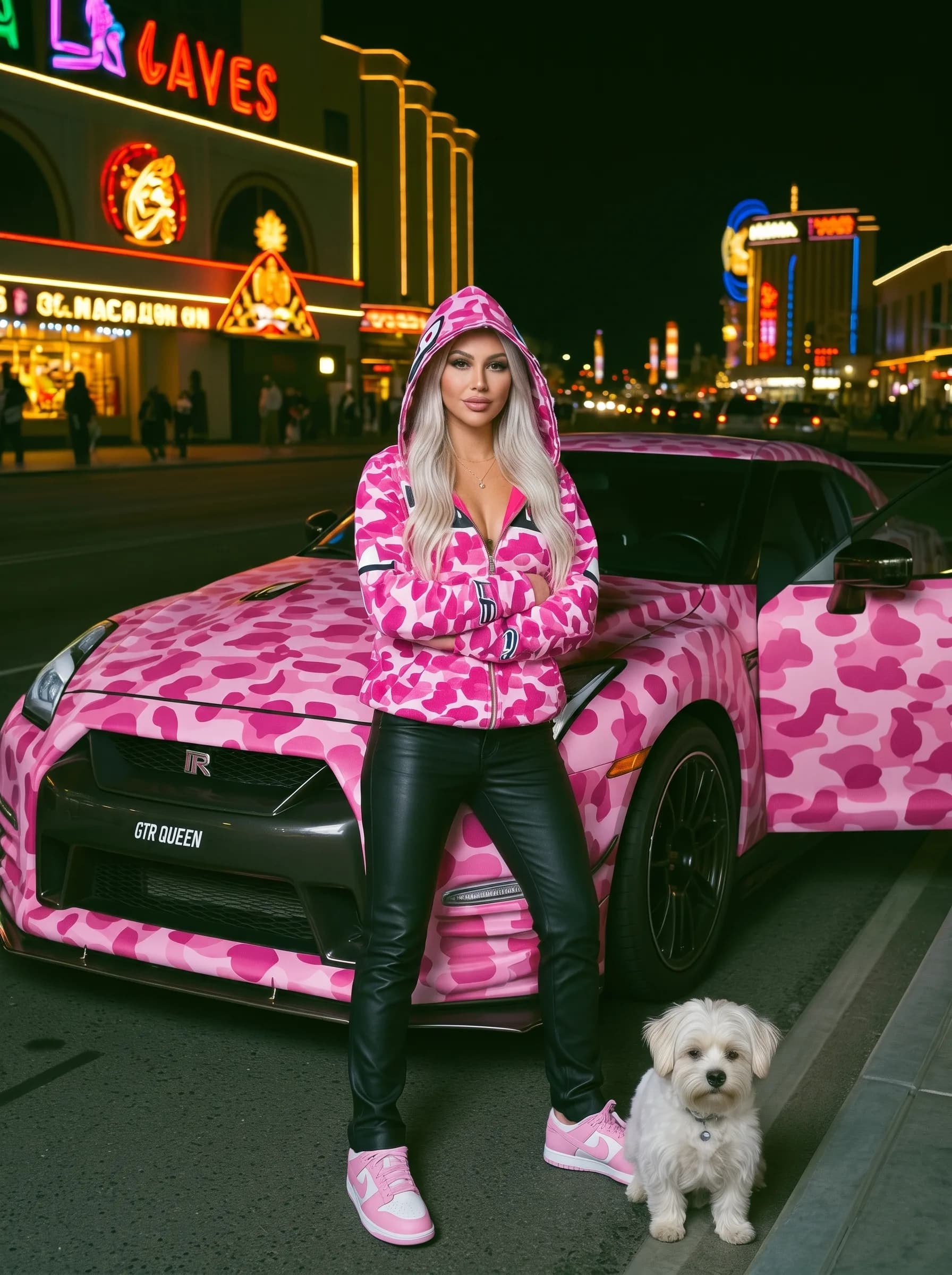 A woman in a pink camouflage outfit stands confidently next to her matching car on a vibrant city street.