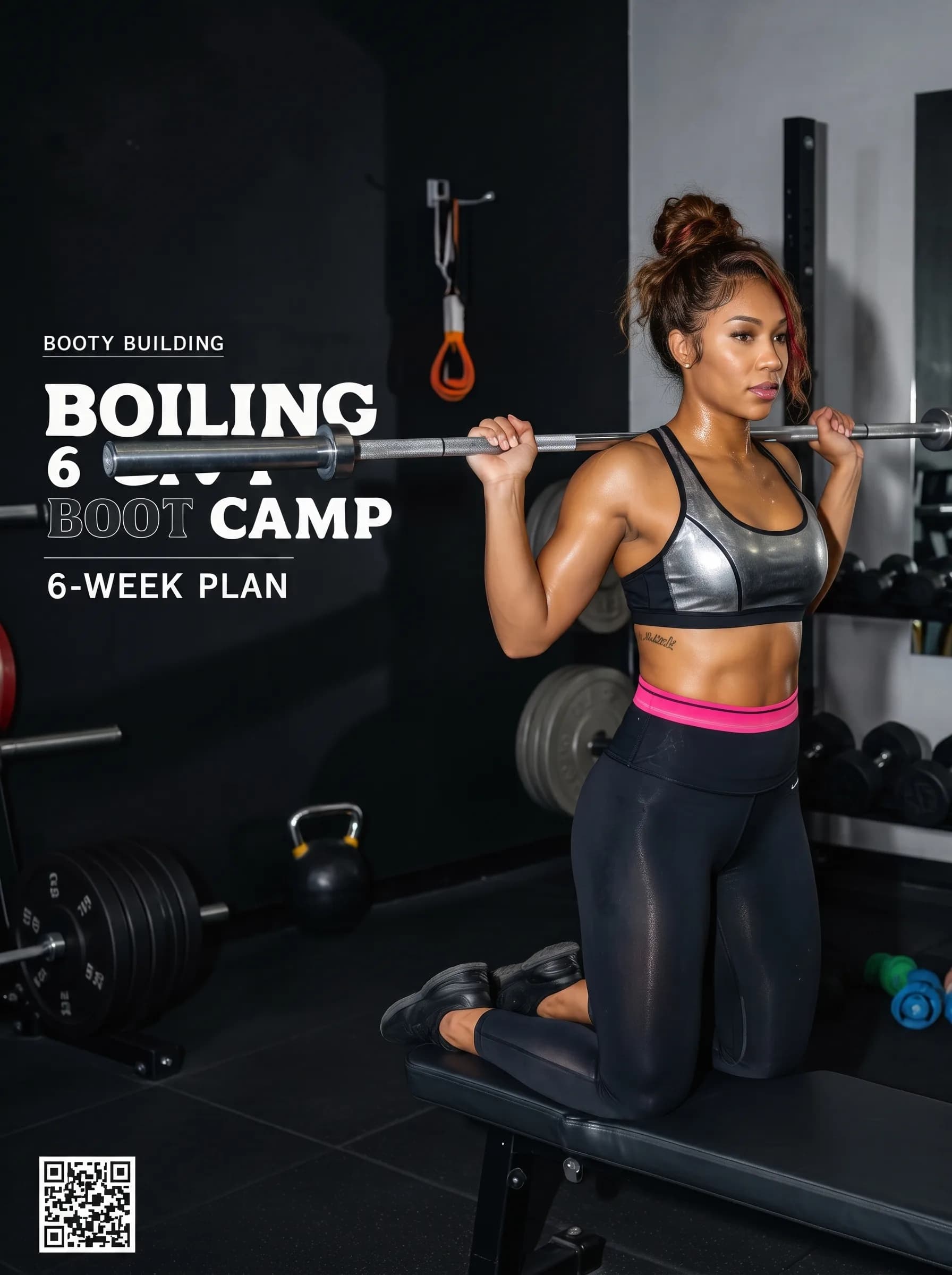 A woman in athletic wear is posing with a barbell, showcasing her toned physique.