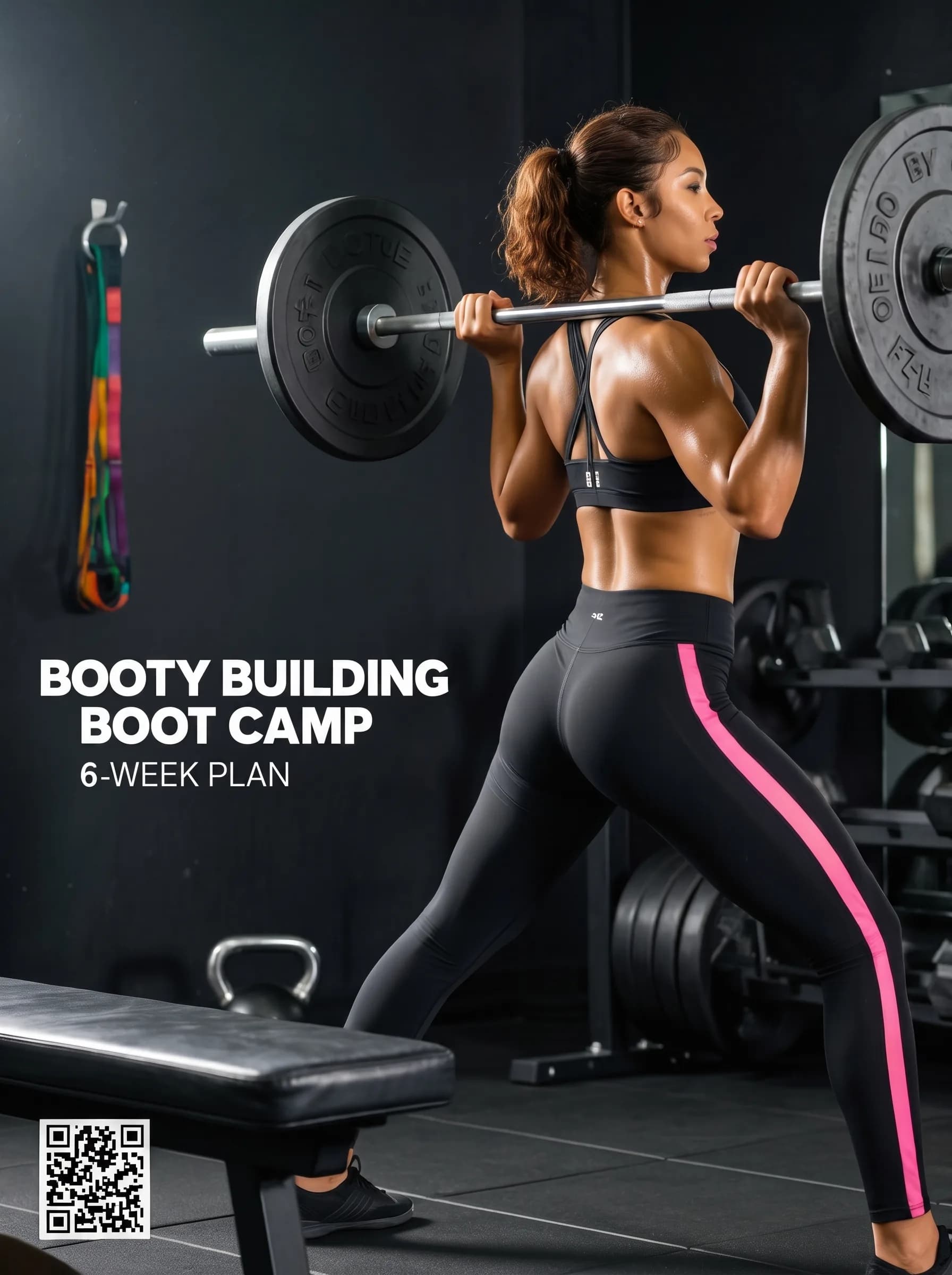A woman in athletic wear performs a full-body exercise with weights in a studio setting.