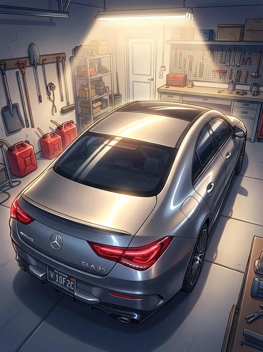 A sleek silver Mercedes-Benz CLA35 is parked in a well-equipped garage.