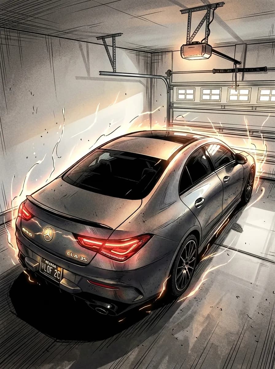 A sleek silver Mercedes-Benz CLA35 is depicted in a garage, with electric sparks surrounding it.