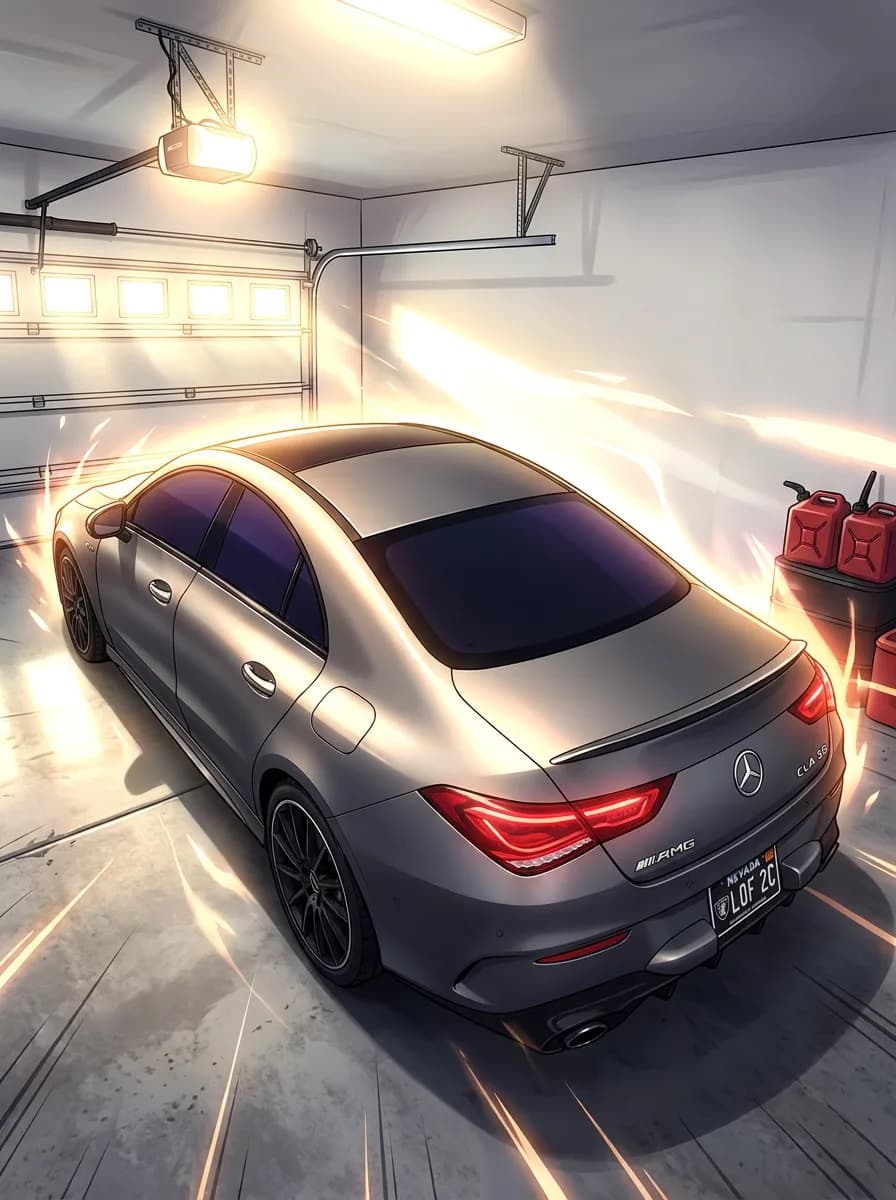 A sleek silver Mercedes-Benz AMGCLA35 is parked in a well-lit garage, with red gas cans nearby.