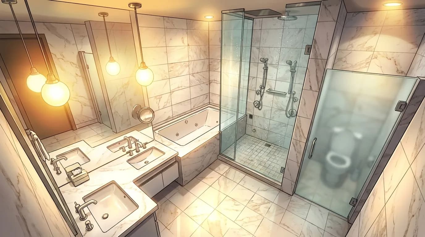 A modern bathroom with marble tiles, a glass-enclosed shower, and dual sinks under pendant lights.