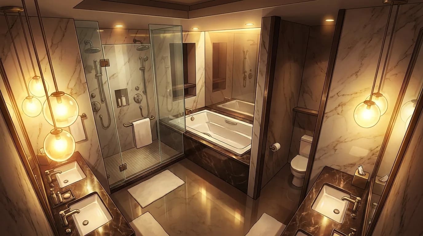 A luxurious bathroom with a modern design, featuring marble walls and floors, glass shower enclosures, and elegant lighting.