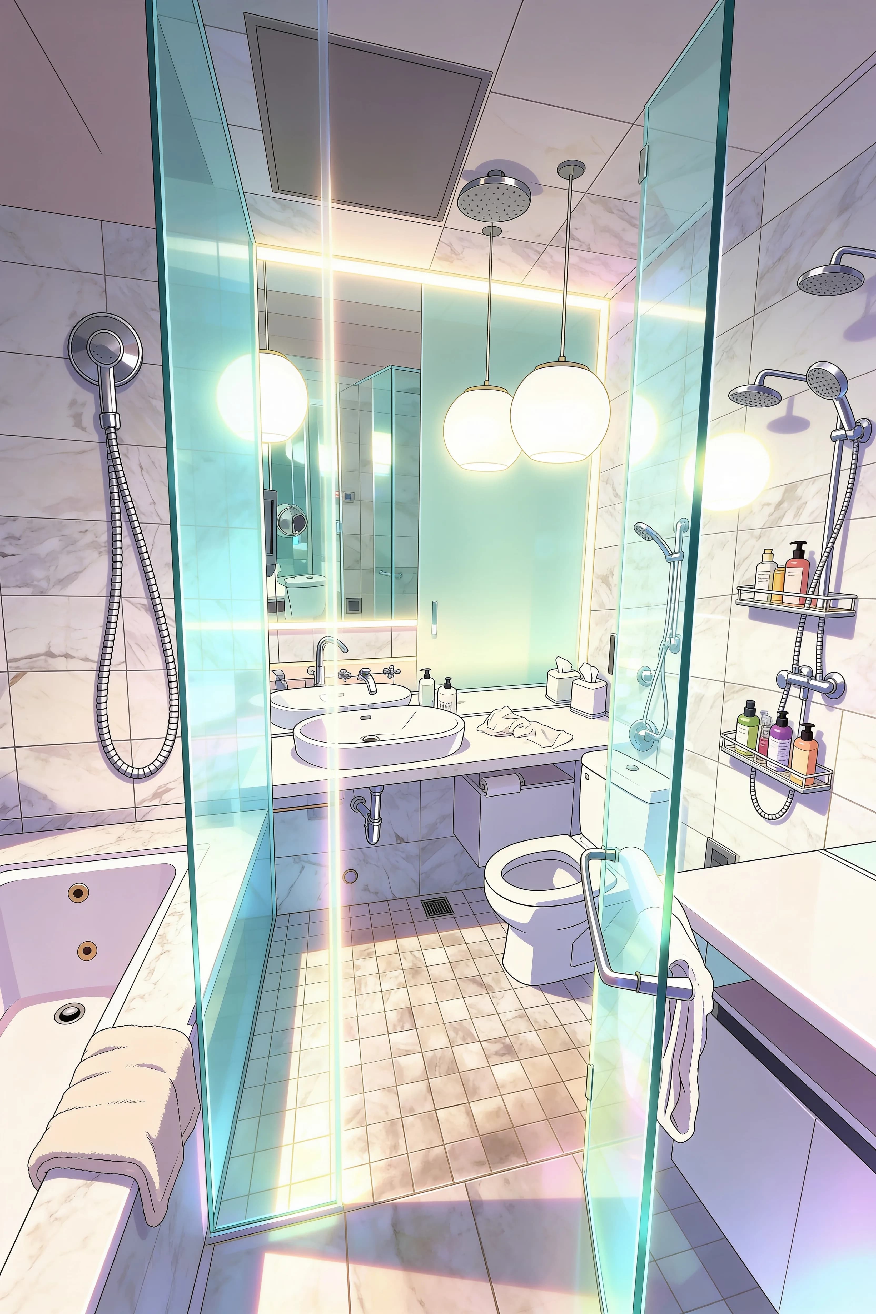 A modern bathroom with a glass shower, marble walls, and soft lighting.