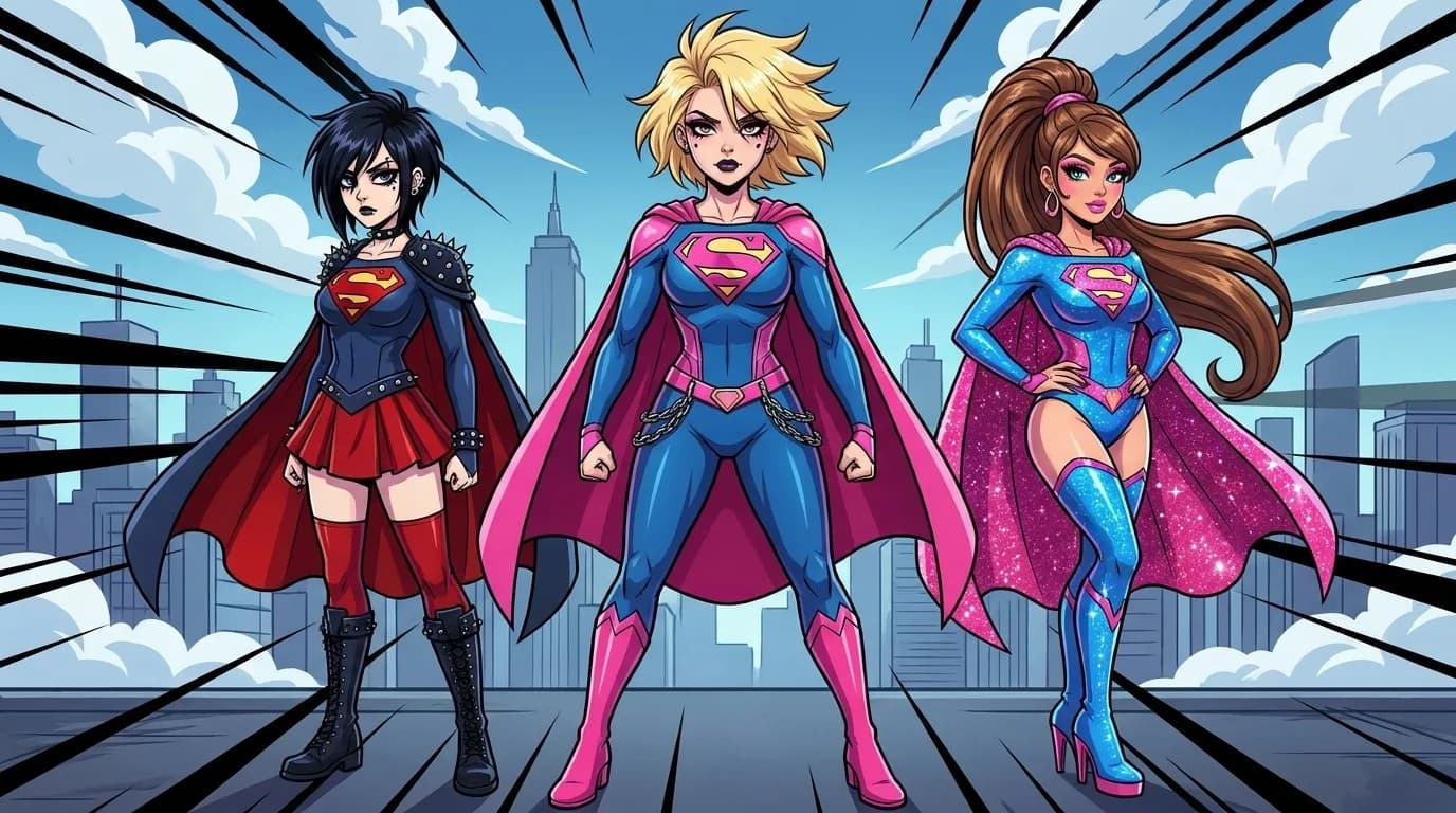 Three superhero characters stand confidently against a city skyline backdrop.